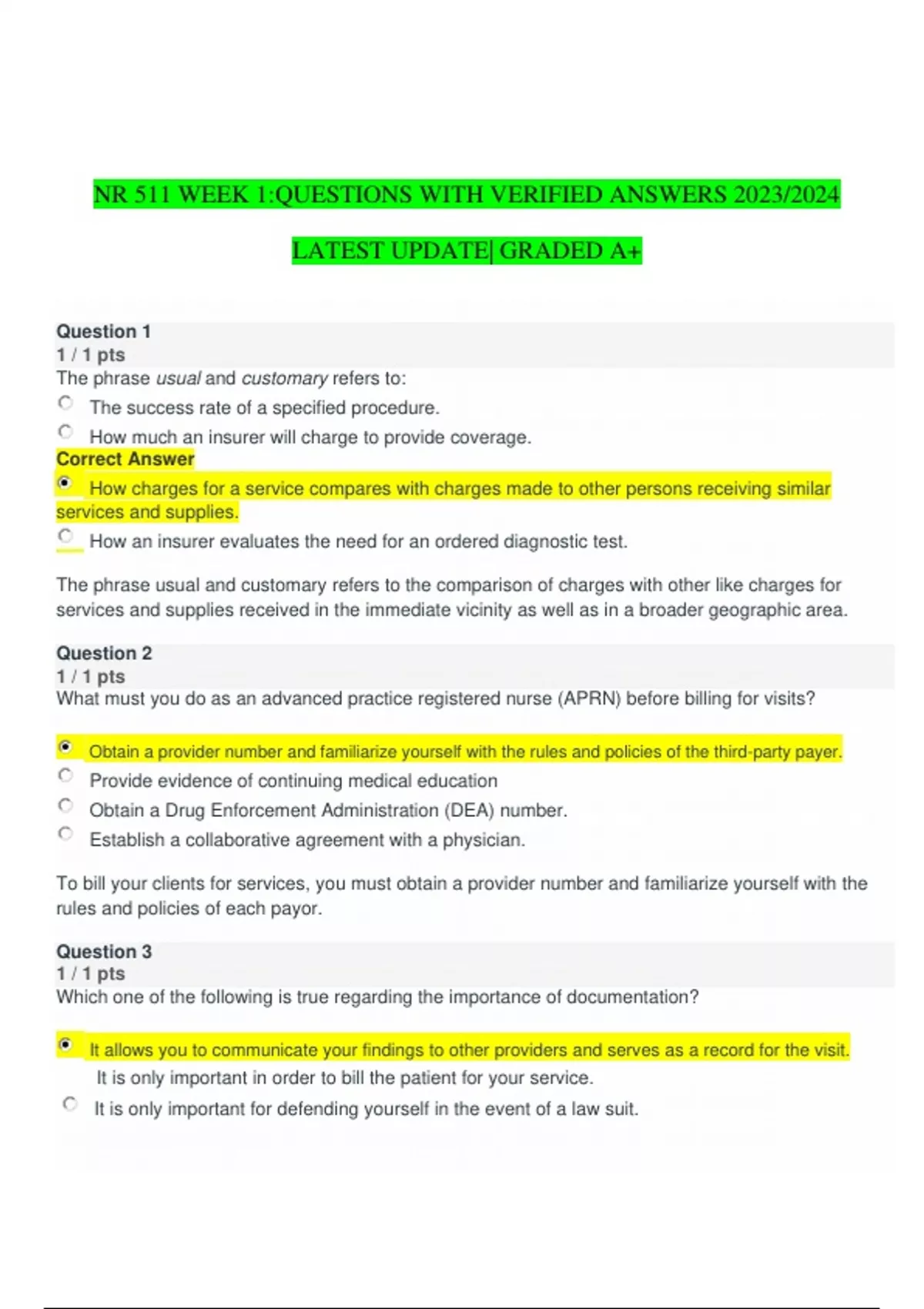NR 511 WEEK 1:QUESTIONS WITH VERIFIED ANSWERS 2023/2024 LATEST UPDATE ...