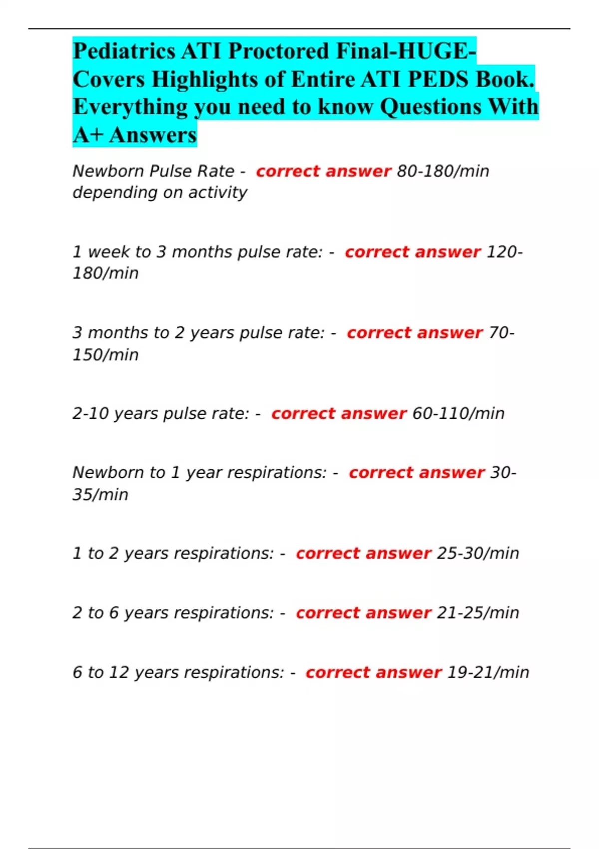 Pediatrics ATI Proctored Final-HUGE-Covers Highlights of Entire ATI