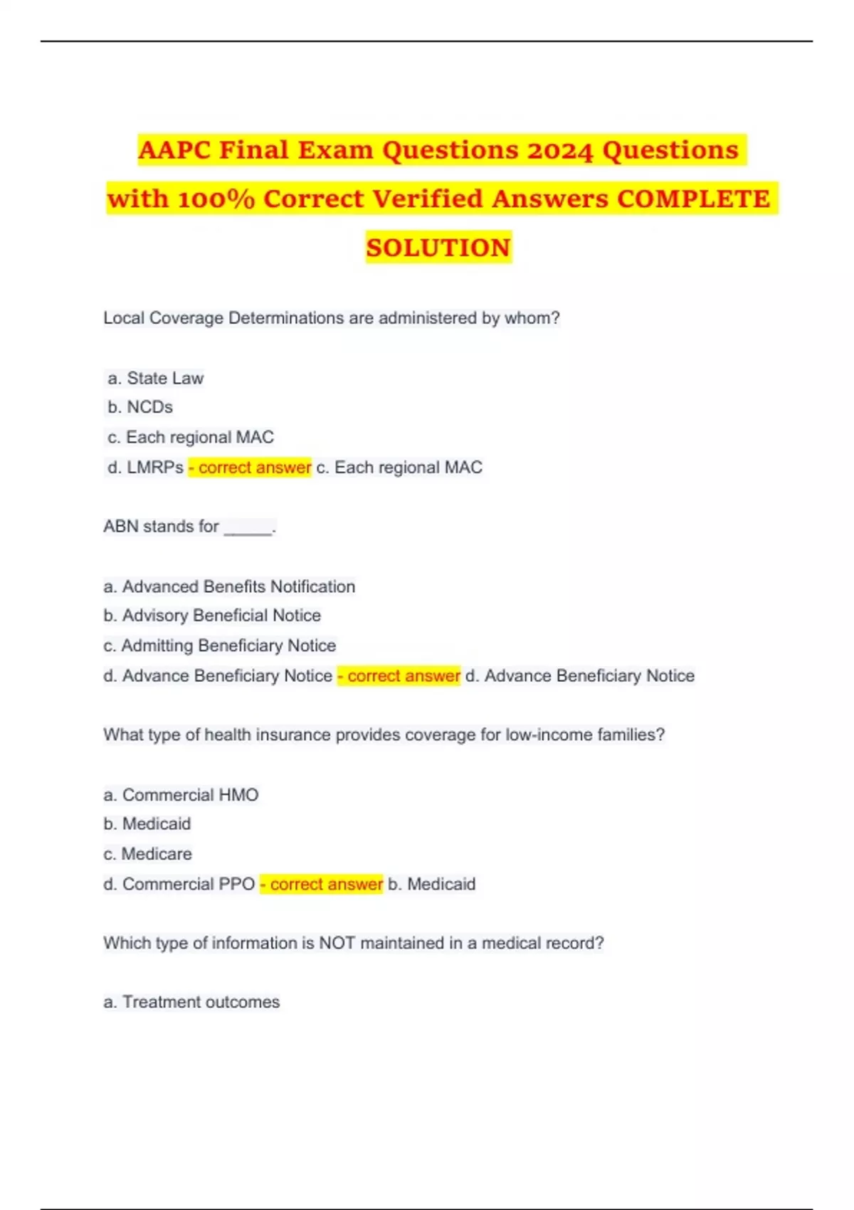 AAPC Final Exam Questions 2024 Questions with 100 Correct Verified