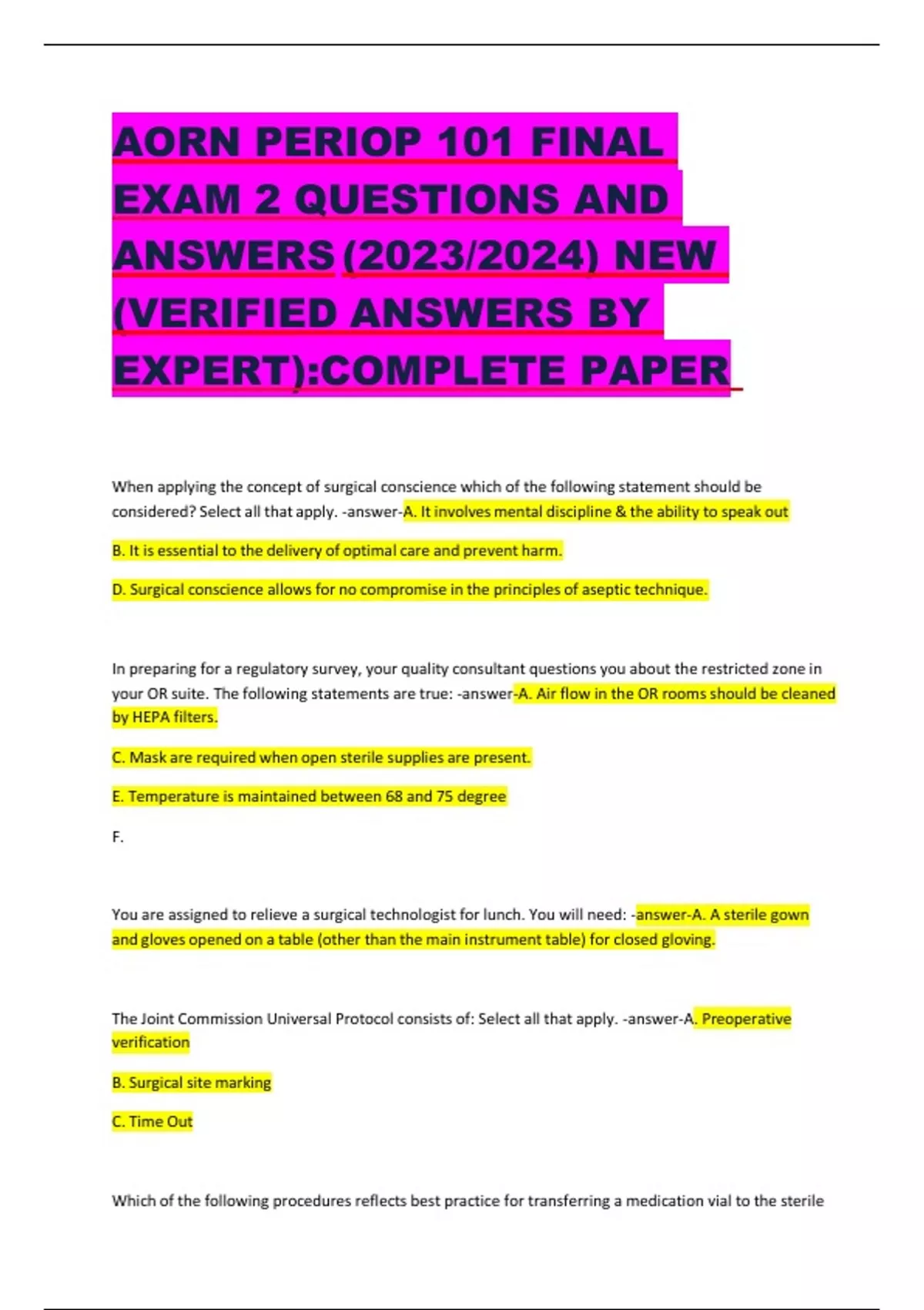 AORN PERIOP 101 FINALEXAM 2 QUESTIONS ANDANSWERS (2023/2024) NEW