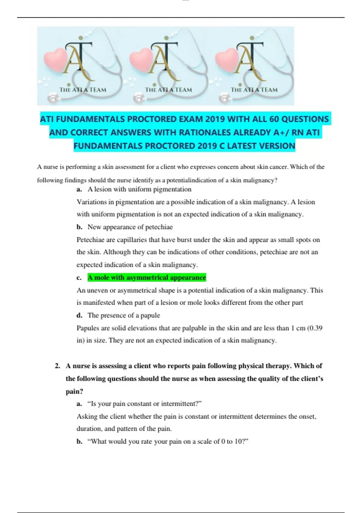 ATI FUNDAMENTALS PROCTORED EXAM 2019 WITH ALL 60 QUESTIONS AND CORRECT ...