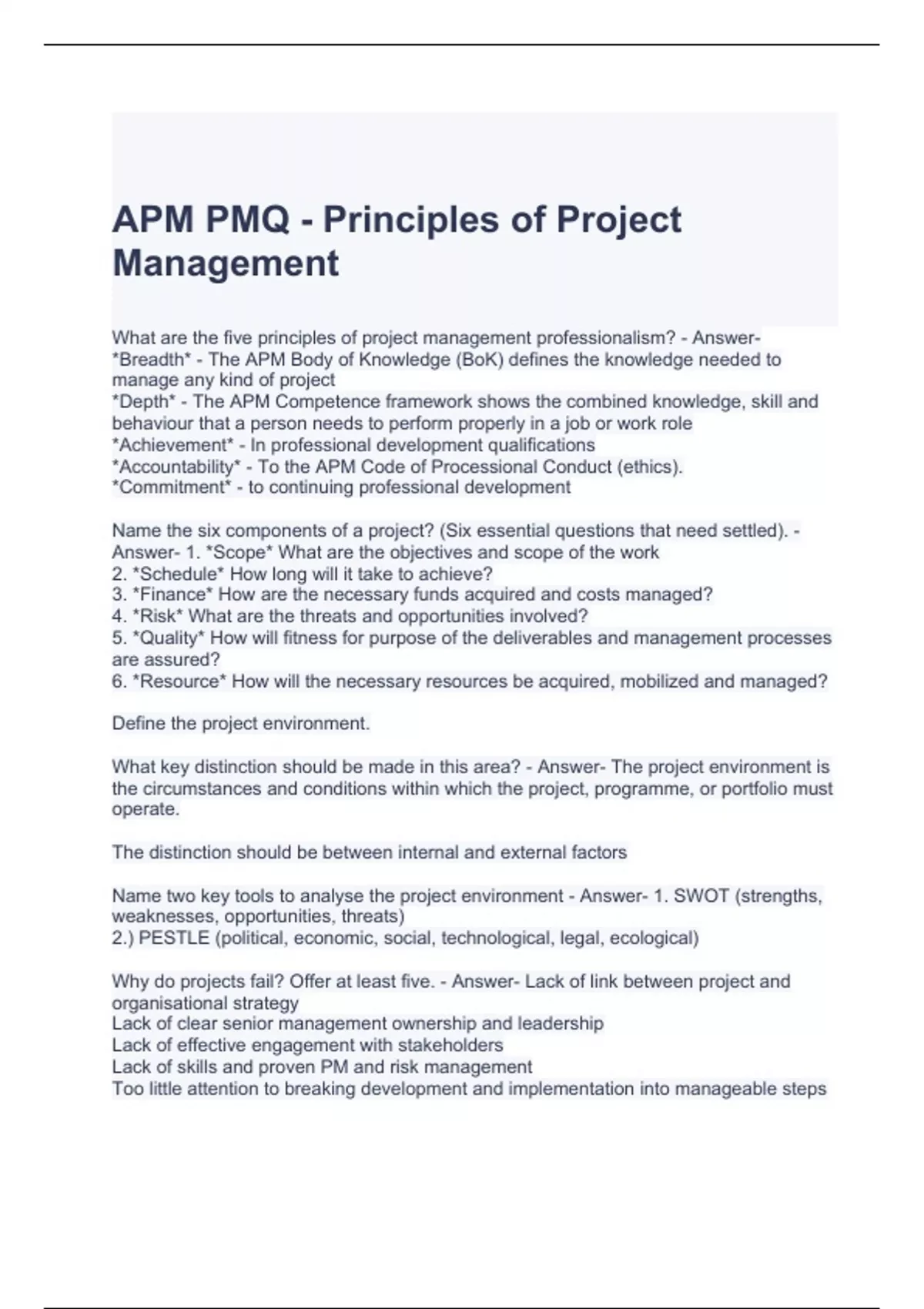 APM PMQ Principles of Project Management Exam APM PMQ Stuvia US