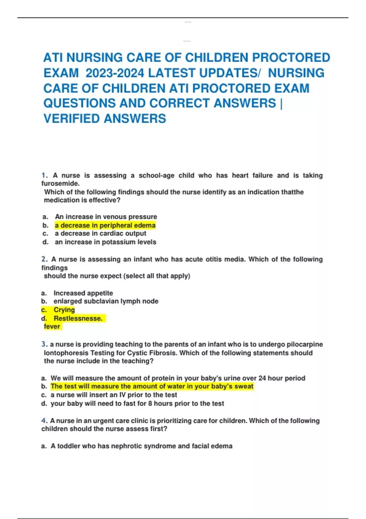 ATI NURSING CARE OF CHILDREN PROCTORED EXAM LATEST UPDATES/ NURSING ...