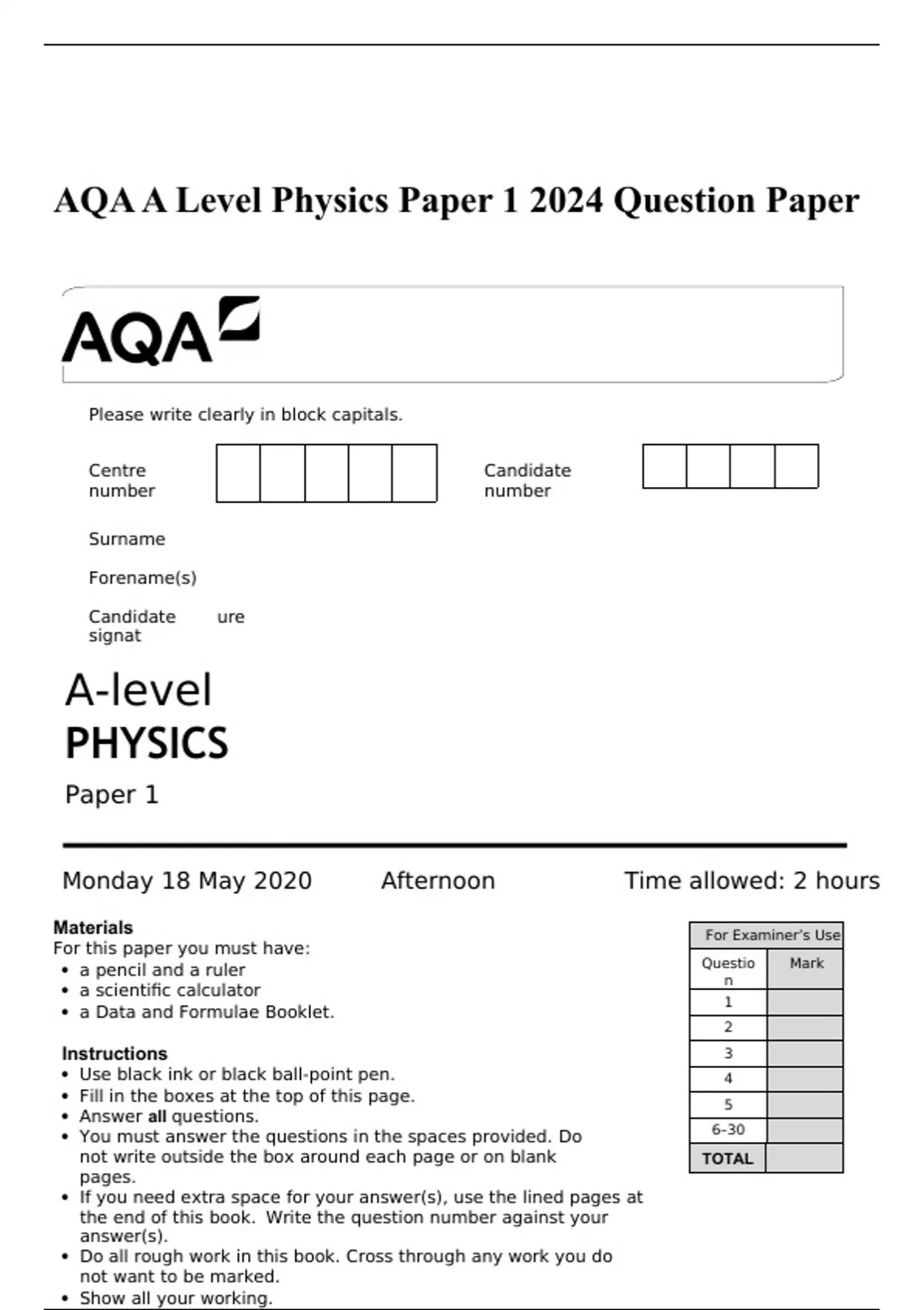 Summary AQA A Level Physics Paper 1 2024 Question Paper - AQA A Level ...