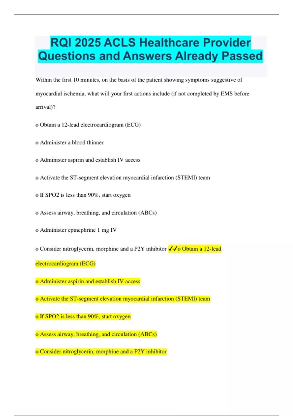 RQI 2025 ACLS Healthcare Provider Questions and Answers Already Passed