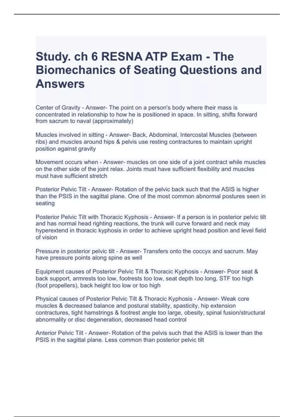 Study. ch 6 RESNA ATP Exam - The Biomechanics of Seating Questions and  Answers - RESNA ATP - Stuvia US