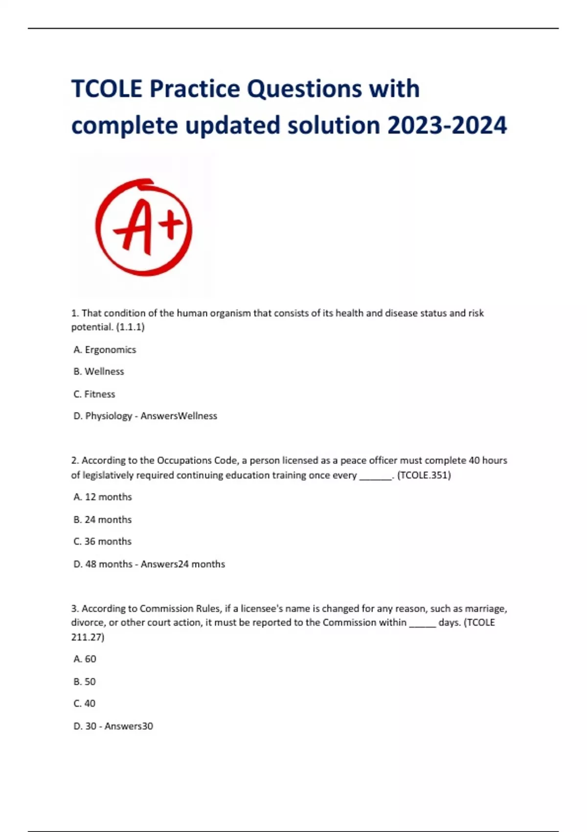 TCOLE Practice Questions With Complete Updated Solution - TCOLE - Stuvia US