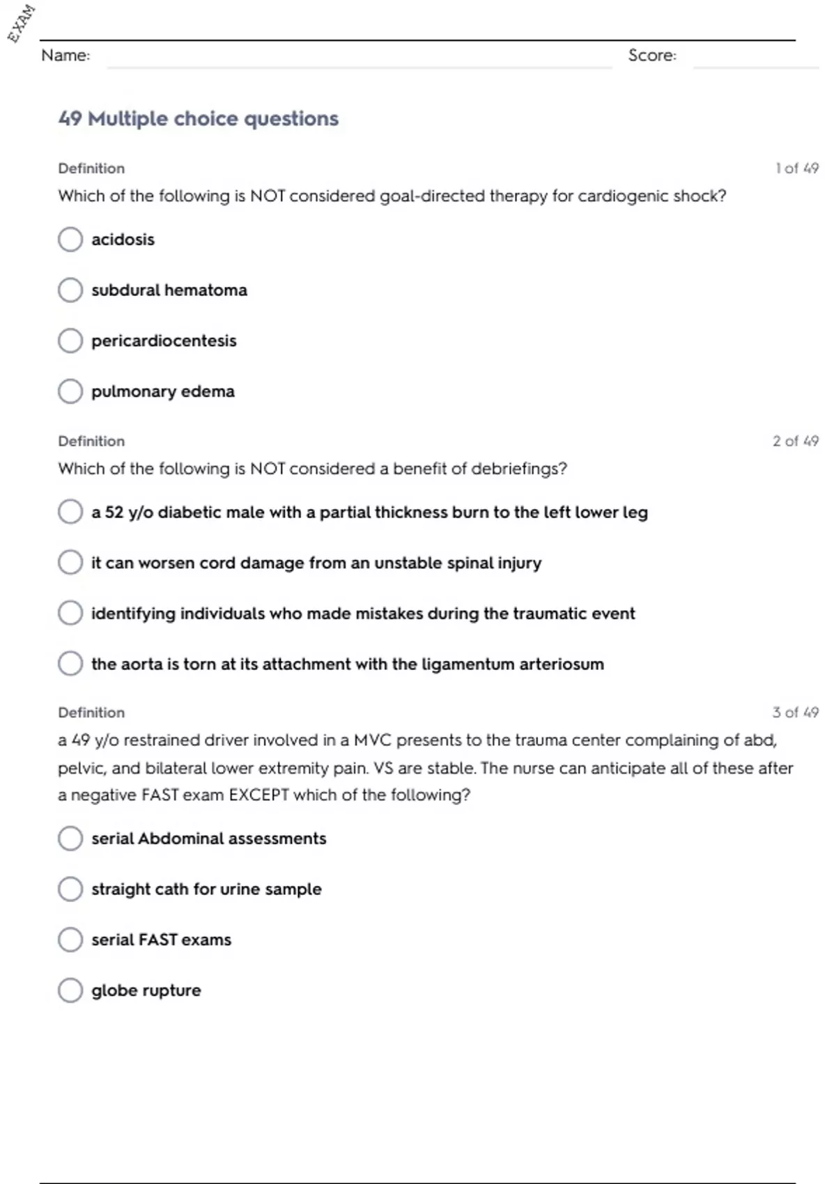 TNCC (TRAUMA NURSING CORE COURSE) TEST PREPARATION QUESTIONS AND