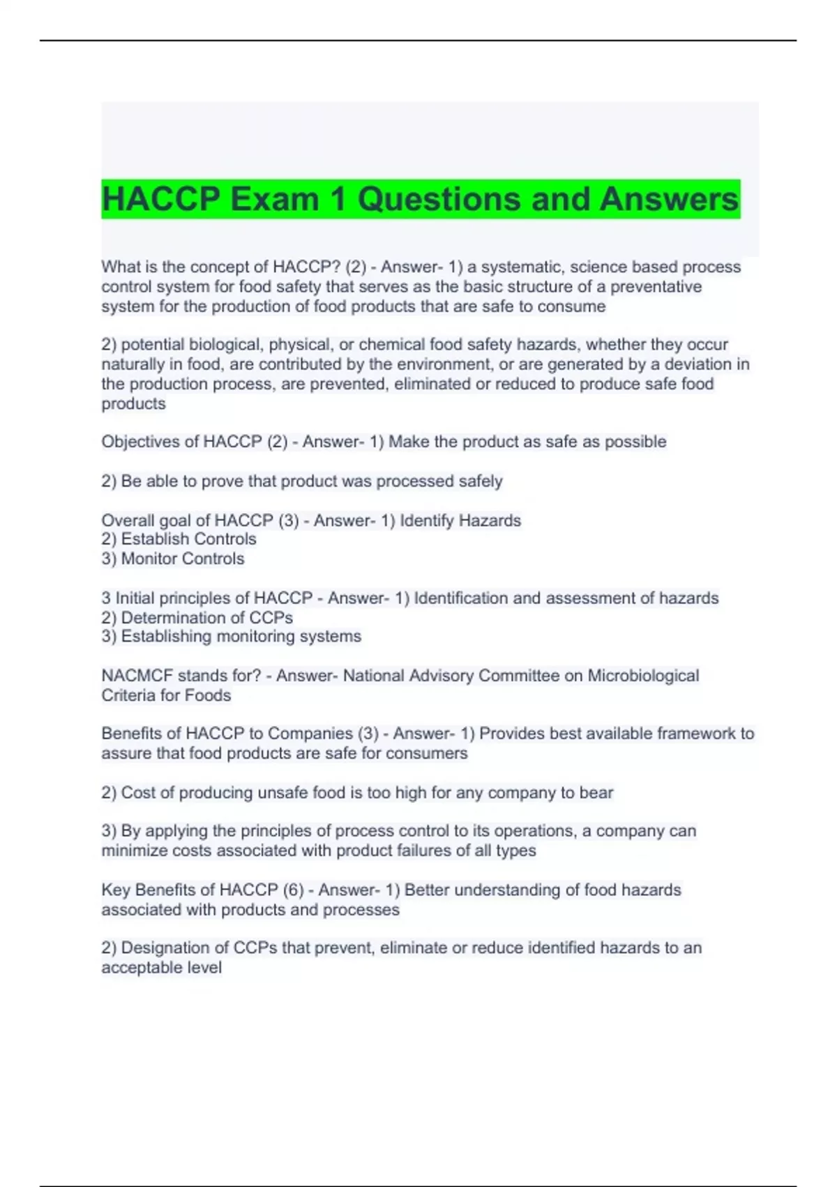 Haccp Exam 1 Questions And Answers 100 Correct Haccp Stuvia Us