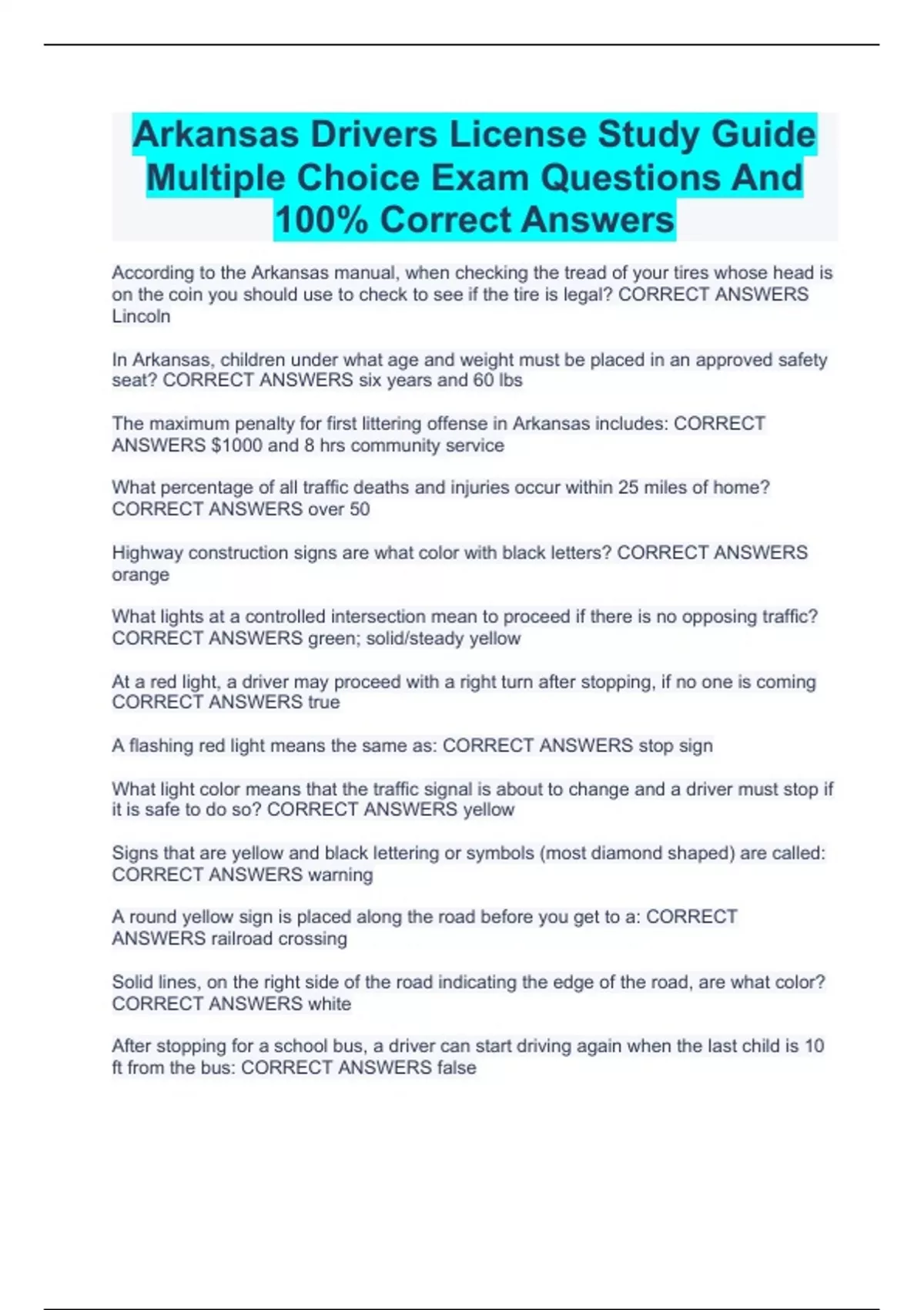 Arkansas Drivers License Study Guide Multiple Choice Exam Questions And