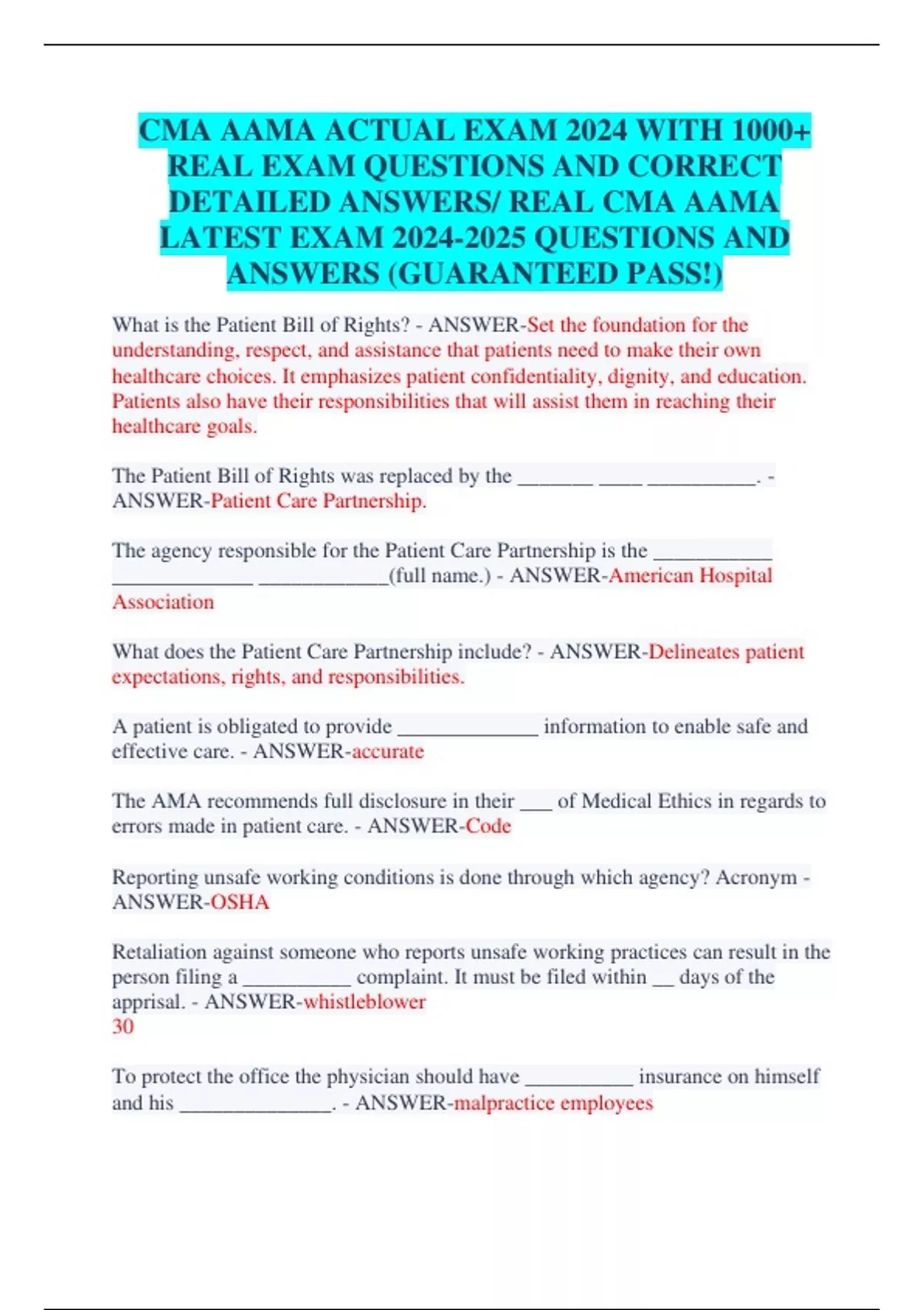 CMA AAMA ACTUAL EXAM 2024 WITH 1000+ REAL EXAM QUESTIONS AND CORRECT