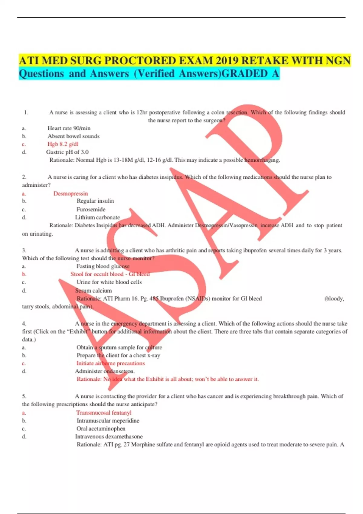 ATI MED SURG PROCTORED EXAM 2019 RETAKE WITH NGN Practical nursing