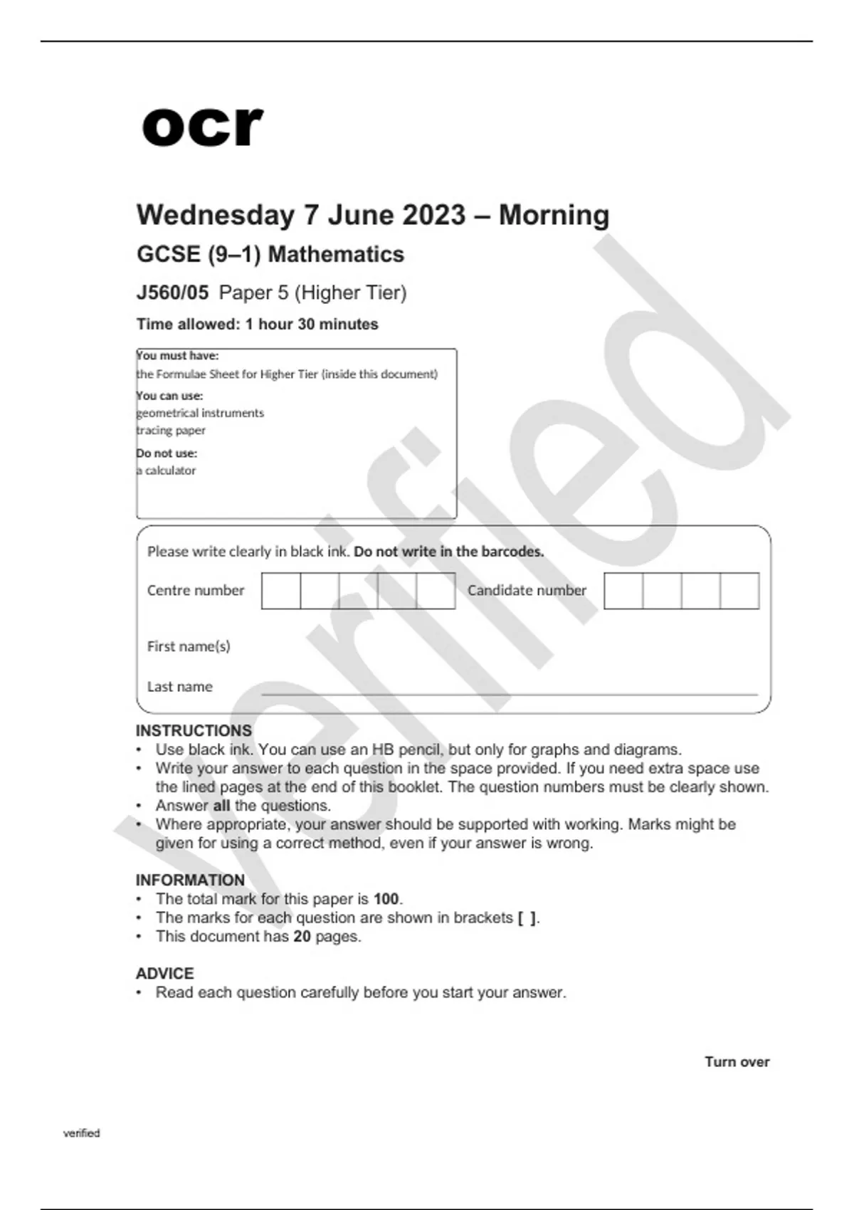 Ocr GCSE Mathematics Question Paper June2023 J560/05: Paper 5 (Higher ...