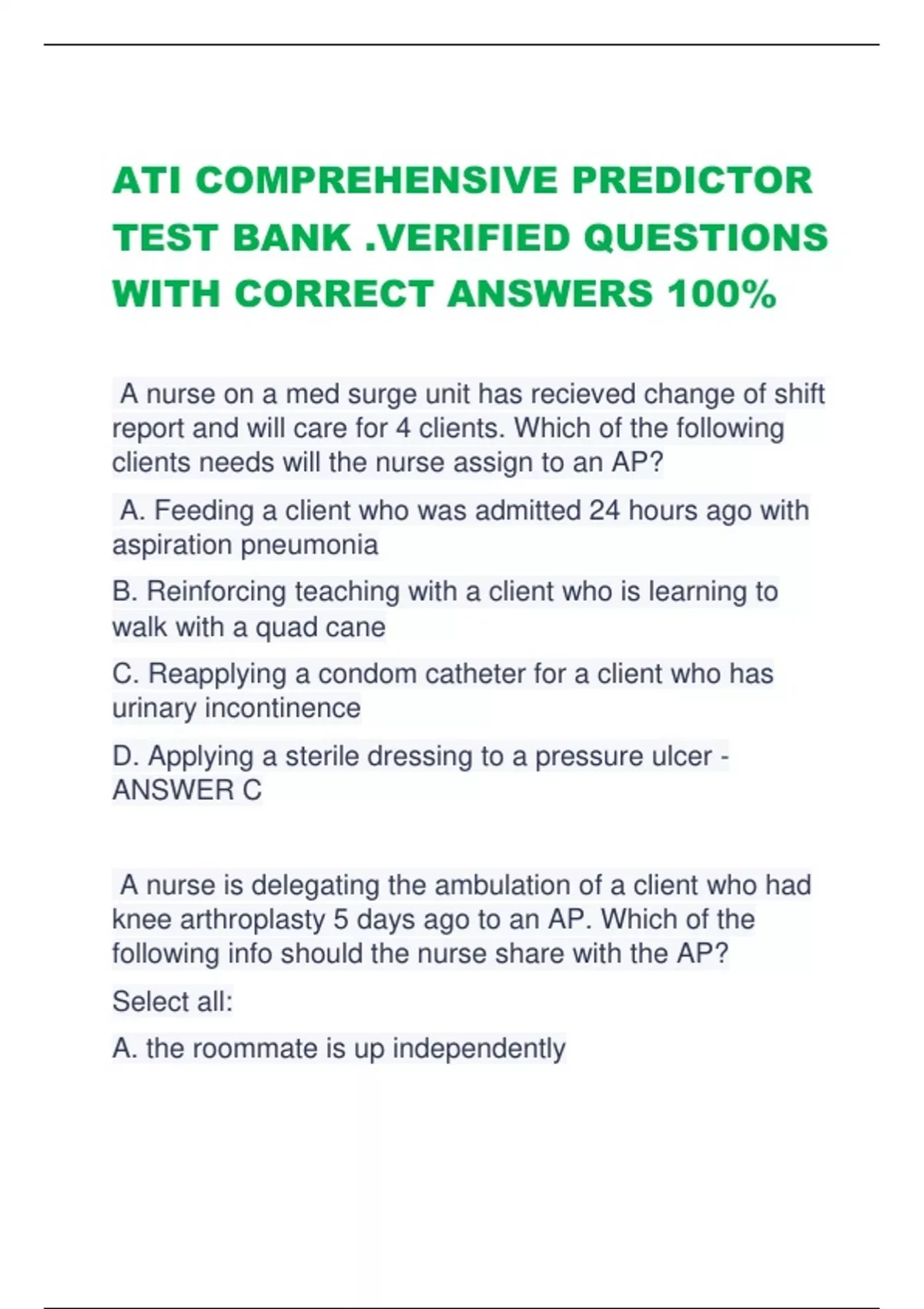 ATI COMPREHENSIVE PREDICTOR TEST BANK .VERIFIED QUESTIONS WITH CORRECT