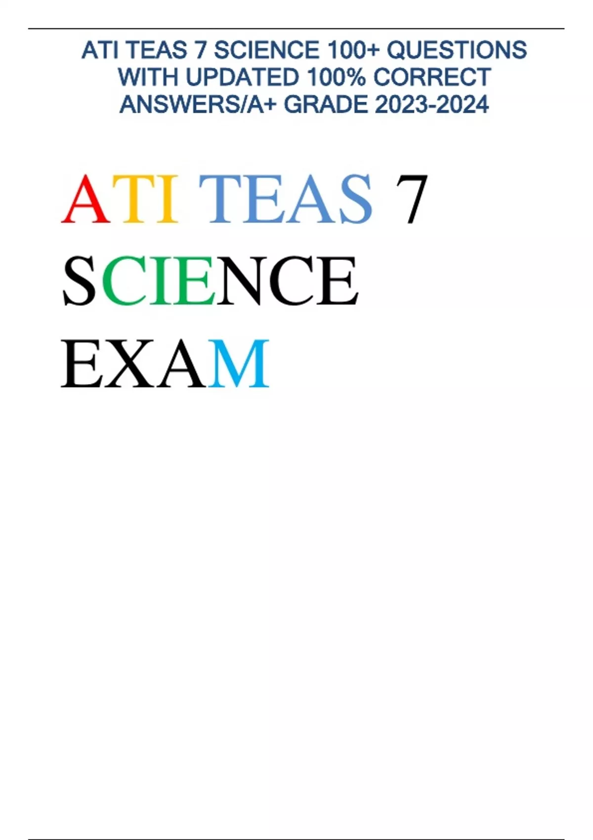 ATI TEAS 7 SCIENCE 100+ QUESTIONS WITH UPDATED 100% CORRECT ANSWERS/A+ ...