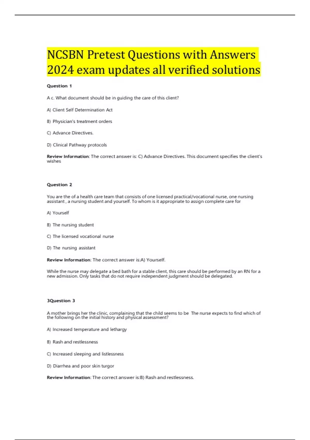 NCSBN Pretest Questions with Answers 2024 exam updates all verified