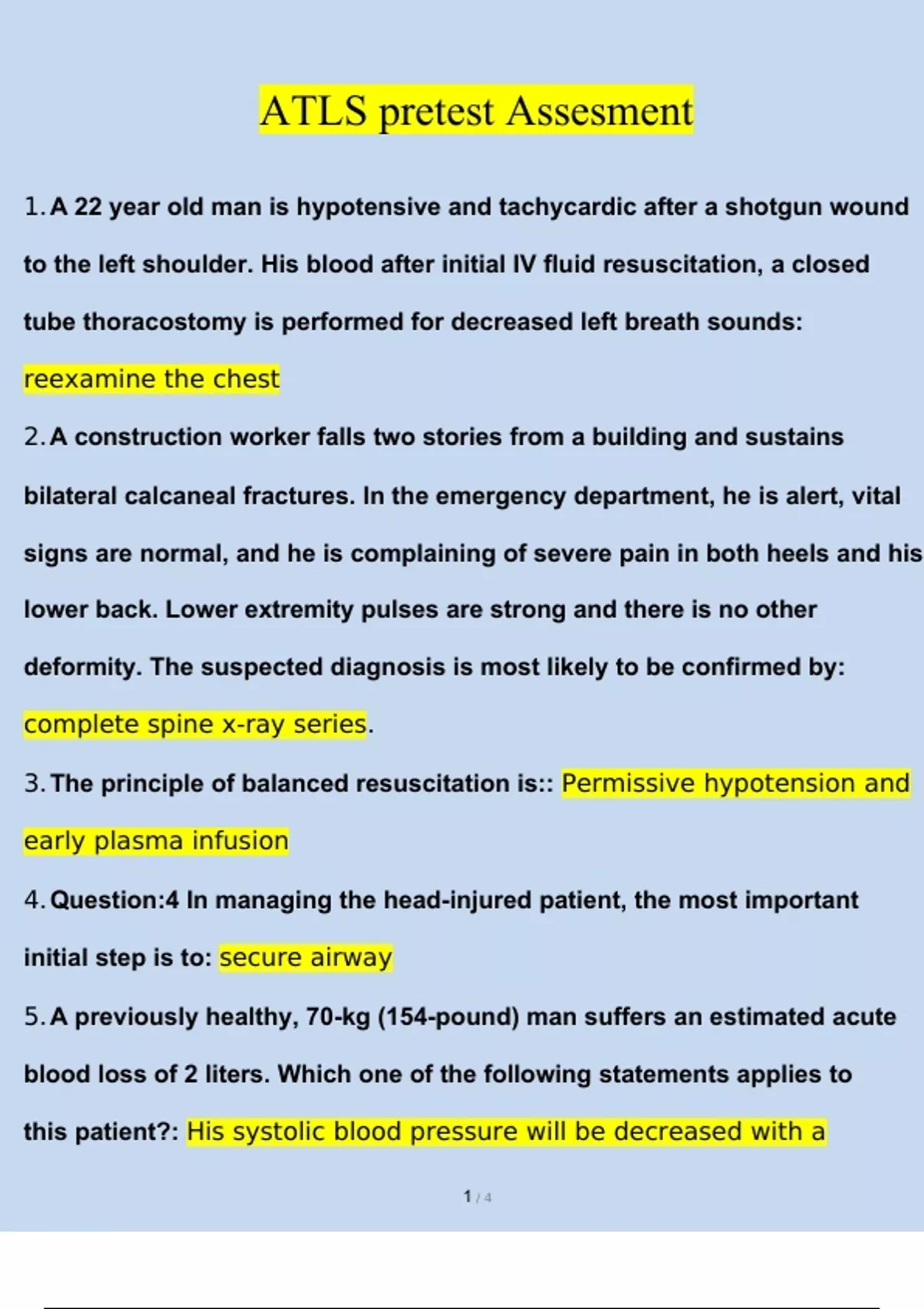ATLS pretest Assesment Questions and Answers Updated (2023 / 2024