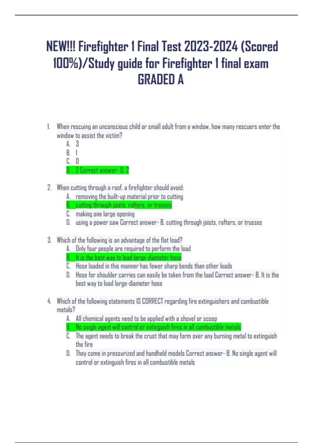 Firefighter 1 Final Test (Scored 100%)/Study guide for Firefighter 1 ...