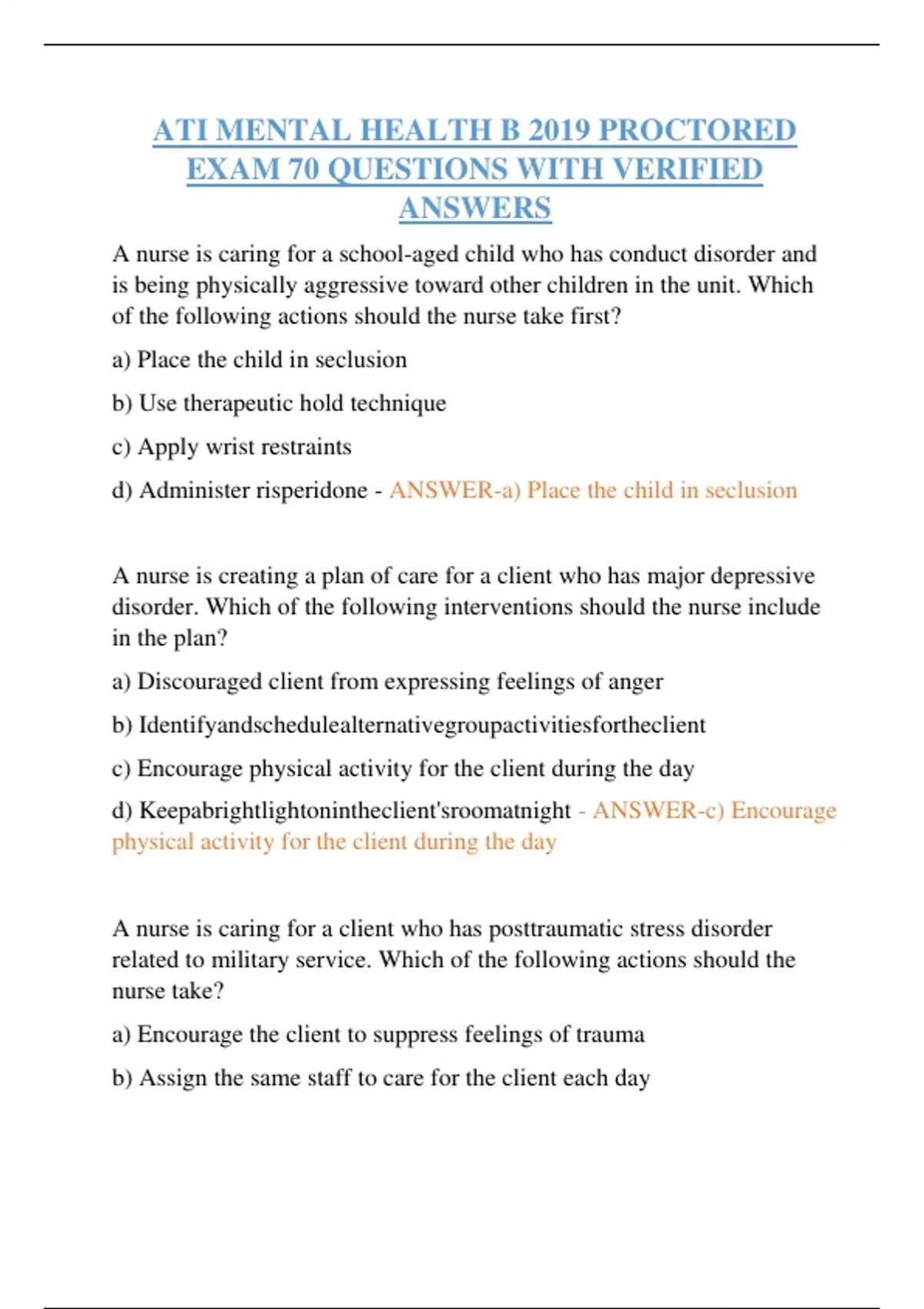 ATI MENTAL HEALTH B 2019 PROCTORED EXAM 70 QUESTIONS WITH VERIFIED ...