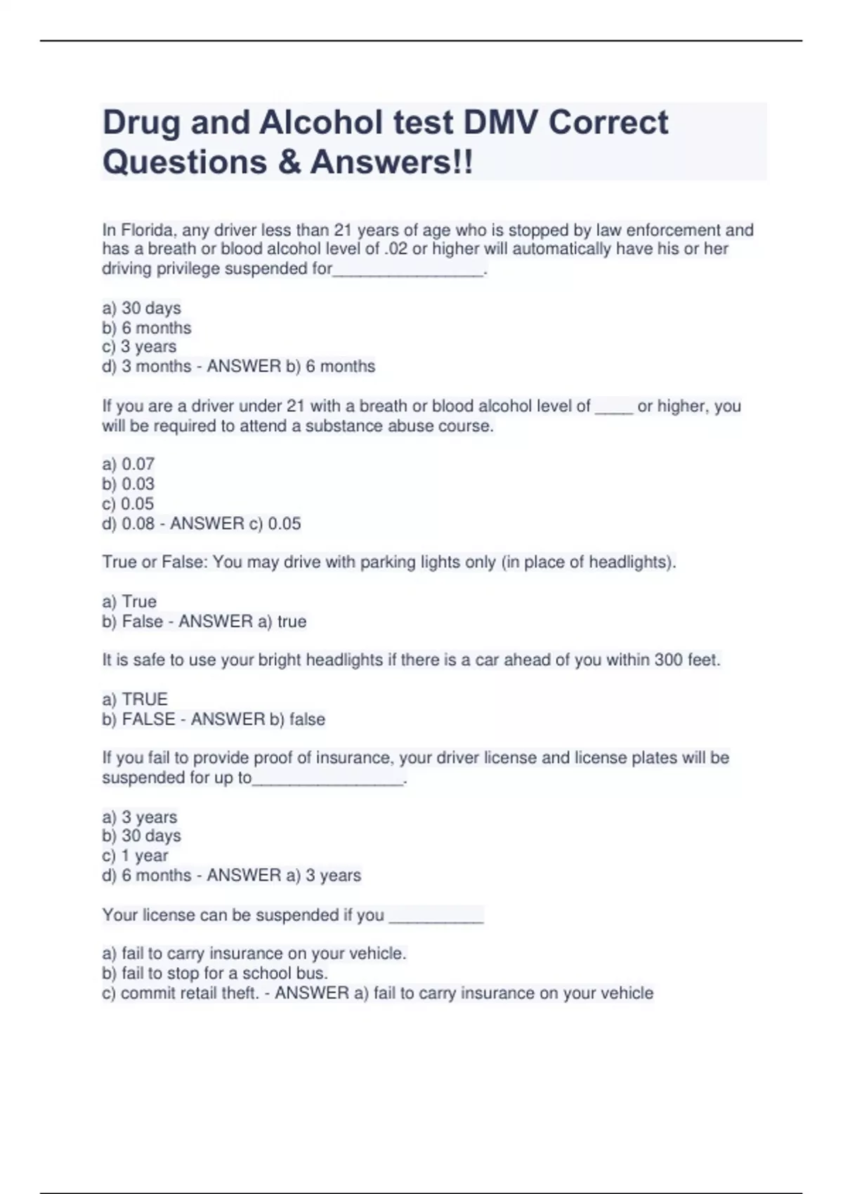 Drug and Alcohol test DMV Correct Questions & Answers!! TLSAE Stuvia US