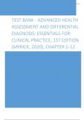 Test Bank - Advanced Health Assessment and Differential Diagnosis Essentials for Clinical Practice, 1st Edition (Myrick, 2020), Chapter 1-12 latest update 2024