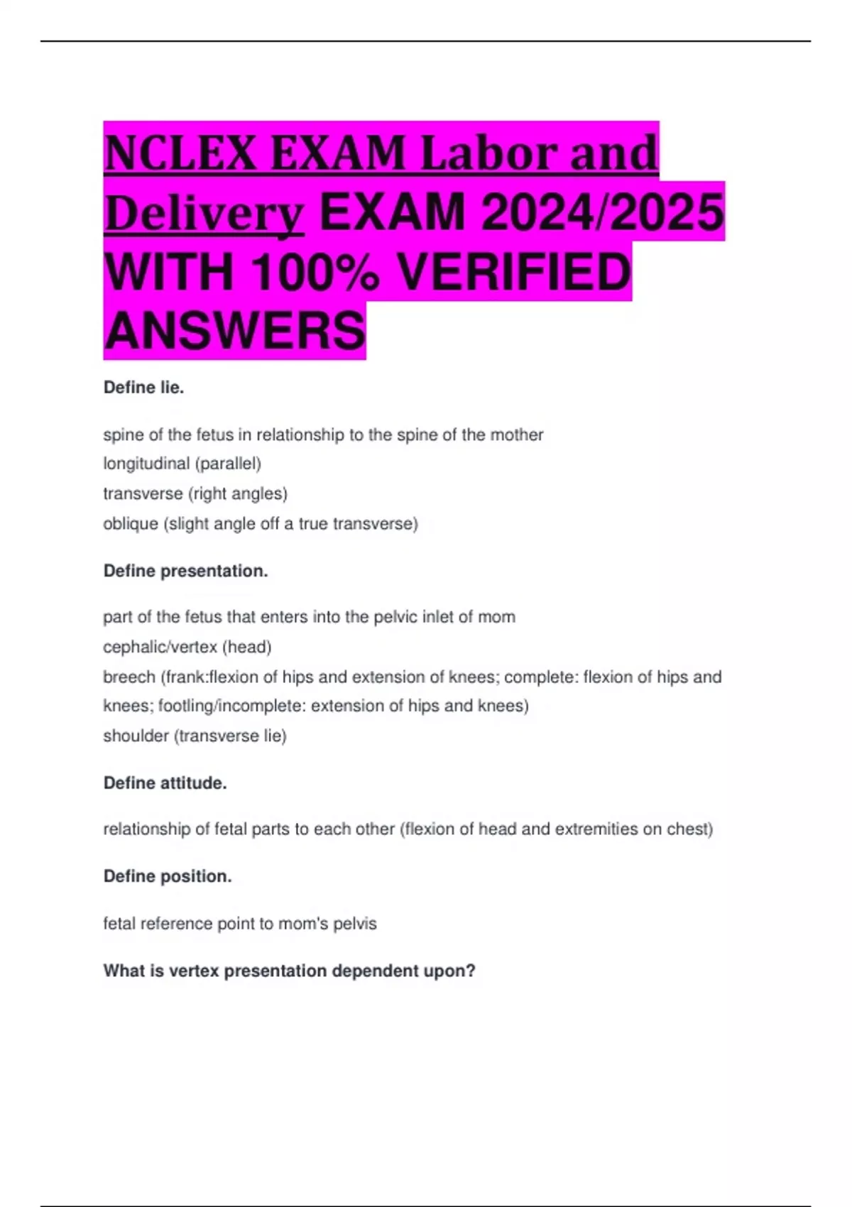 BEST REVIEW NCLEX EXAM Labor and Delivery EXAM 2024/2025 WITH 100