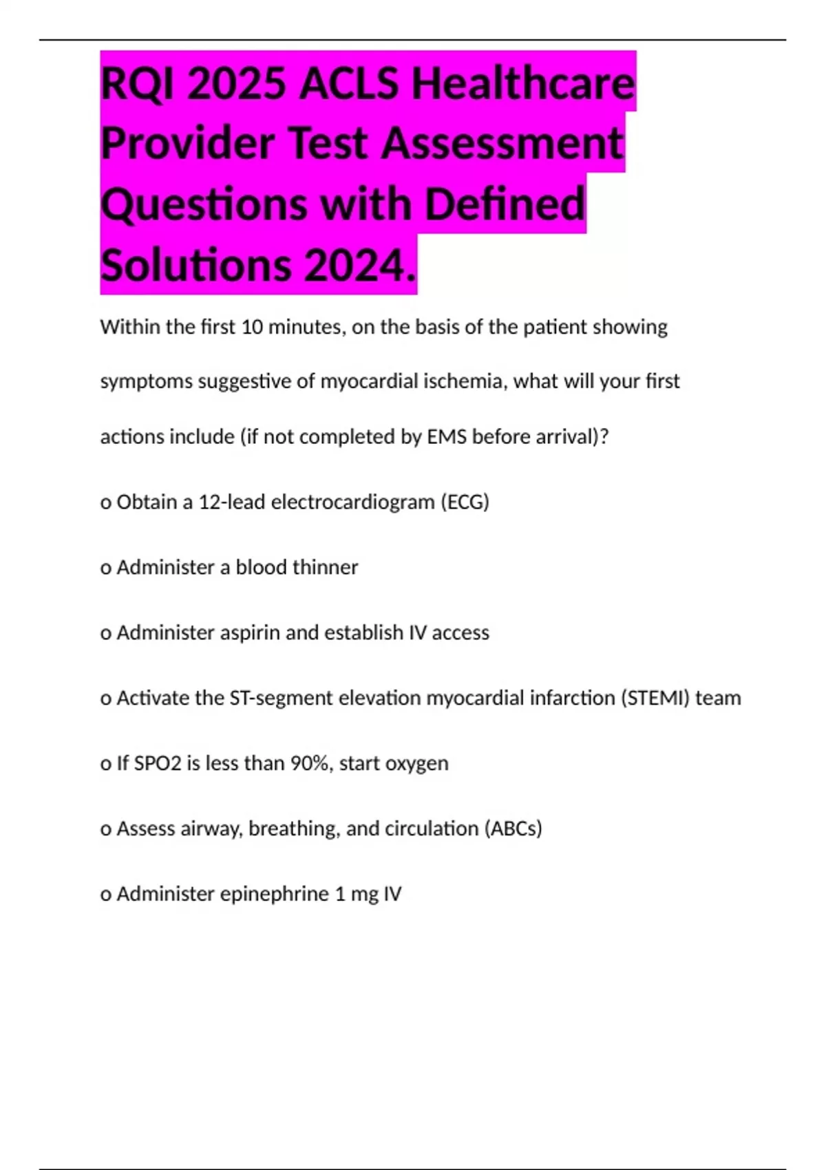 RQI 2025 ACLS Healthcare Provider Test Assessment Questions with