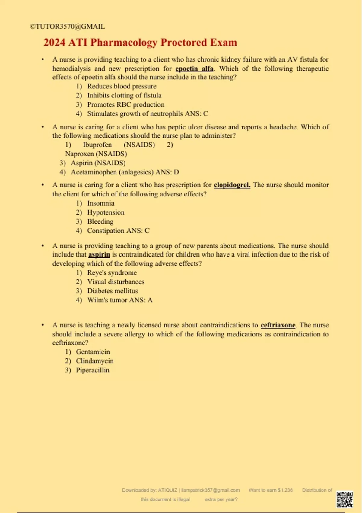 ATI Pharmacology Proctored Exam Question Bank (answered 2024) - ATI ...