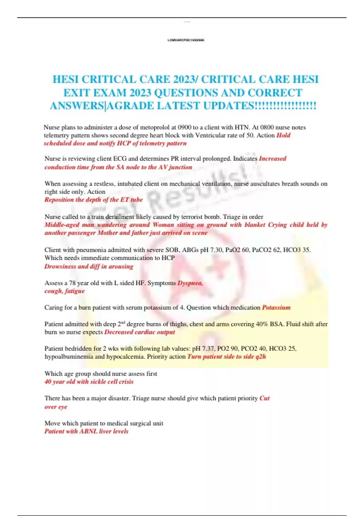 UPDATED HESI CRITICAL CARE 2024/ CRITICAL CARE HESI EXIT EXAM 2023