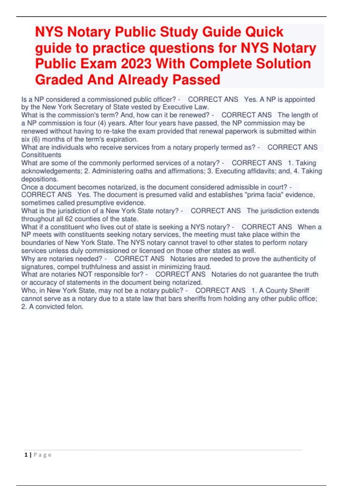 NYS Notary Public Study Guide Quick guide to practice questions for NYS