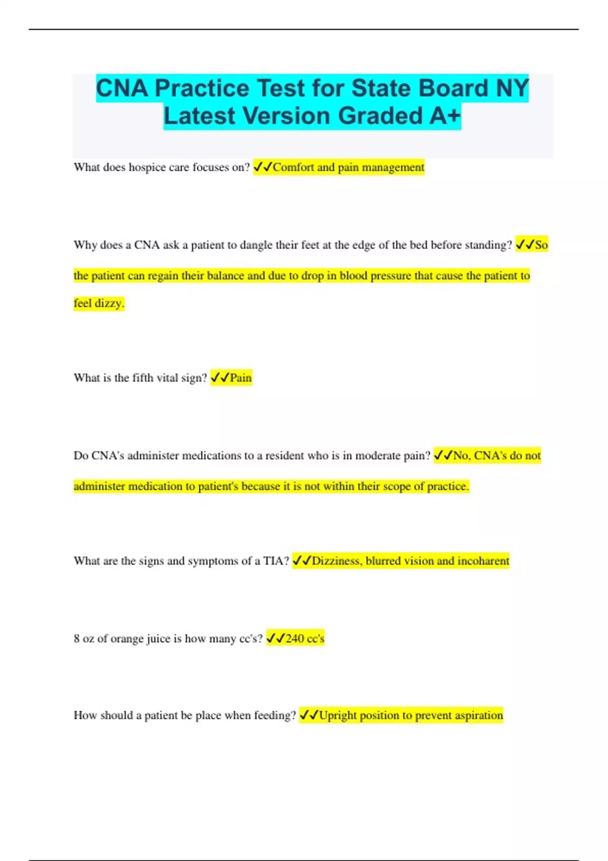 CNA Practice Test for State Board NY Latest Version Graded A+ CNA