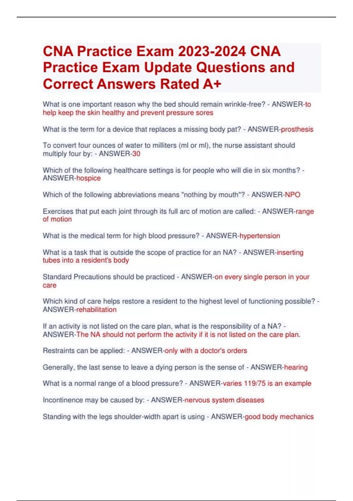 CNA Practice Exam CNA Practice Exam Update Questions and Correct