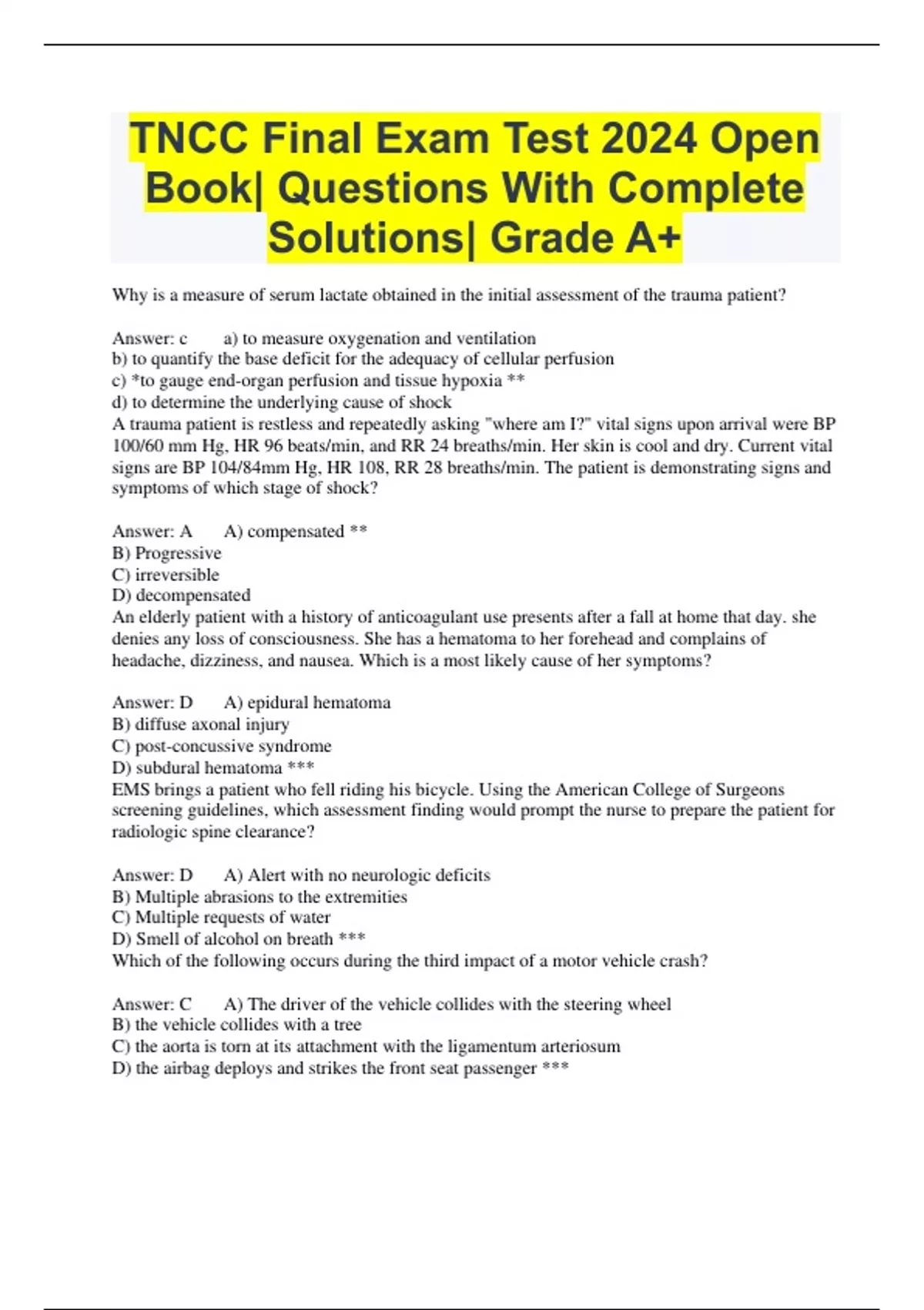 TNCC Final Exam Test 2024 Open Book Questions With Complete Solutions Grade A+ TNCC Stuvia US