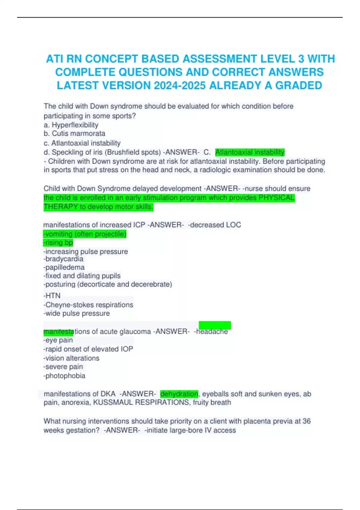 ATI RN CONCEPT BASED ASSESSMENT LEVEL 3 WITH COMPLETE QUESTIONS AND ...