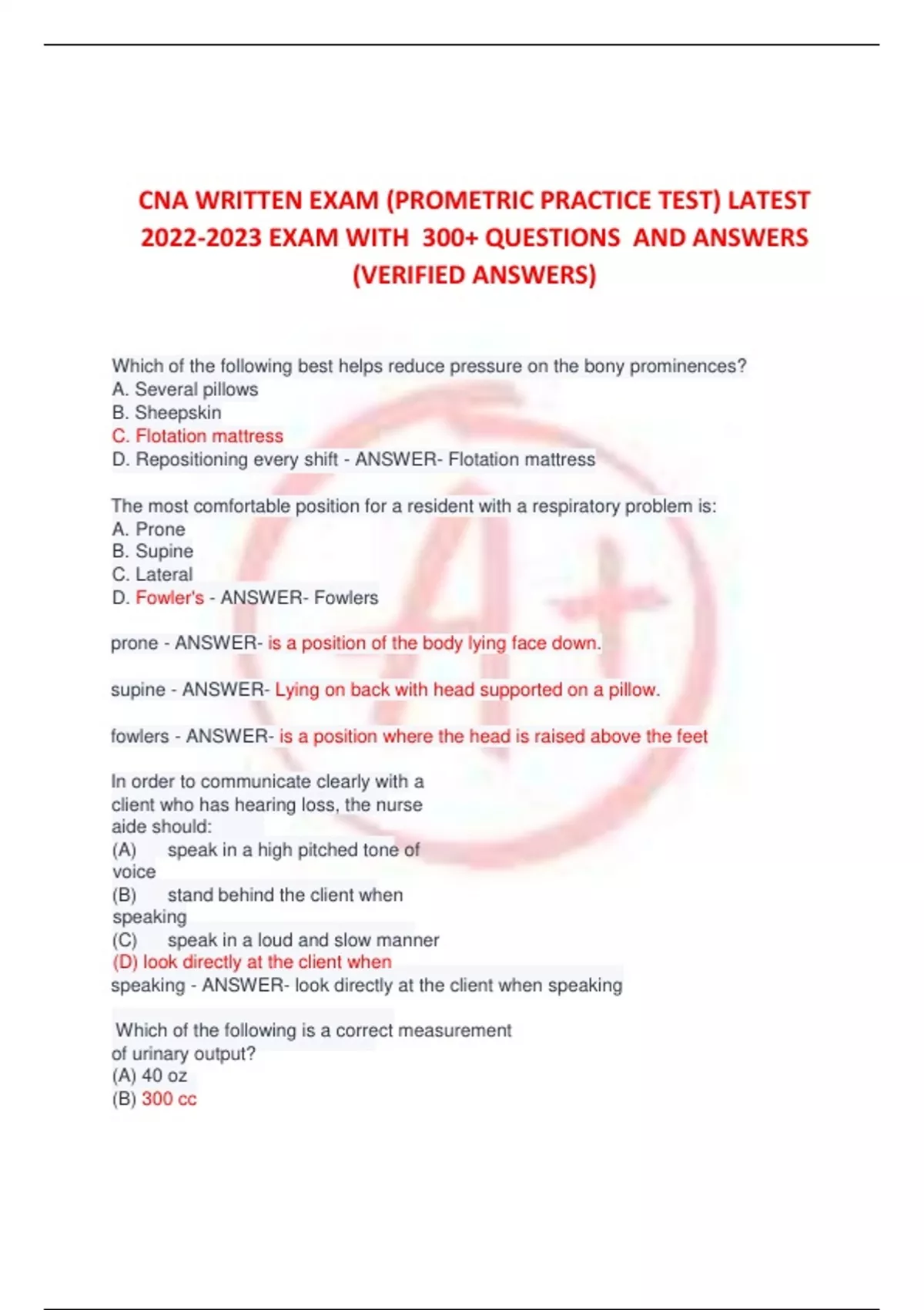 CNA WRITTEN EXAM (PROMETRIC PRACTICE TEST) LATEST EXAM WITH 300