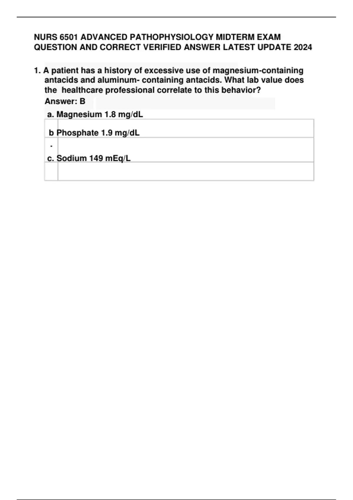 NURS 6501 ADVANCED PATHOPHYSIOLOGY MIDTERM EXAM QUESTION AND CORRECT ...