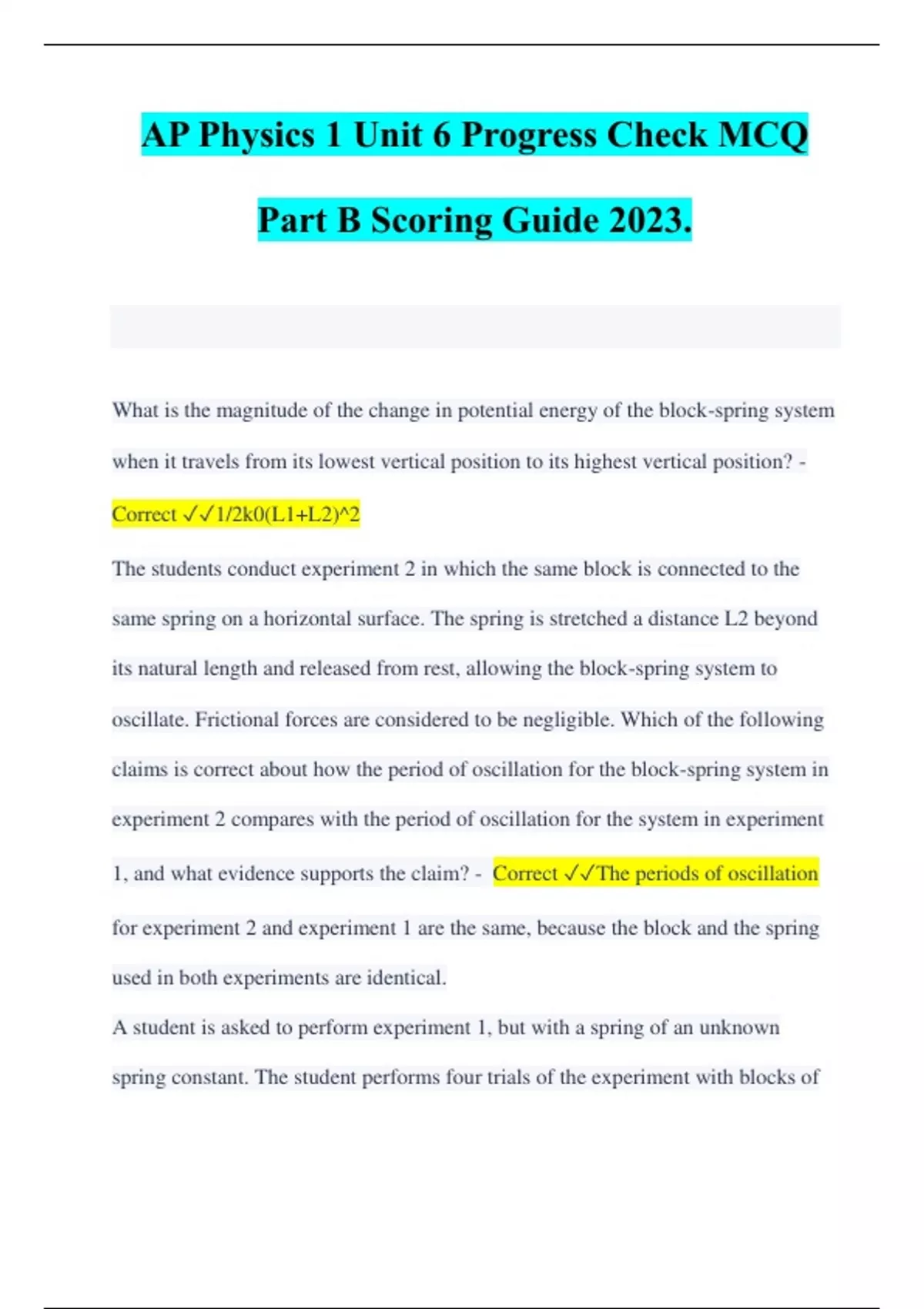 AP Physics 1 Unit 6 Progress Check MCQ Part B Scoring Guide 2023. - AP ...