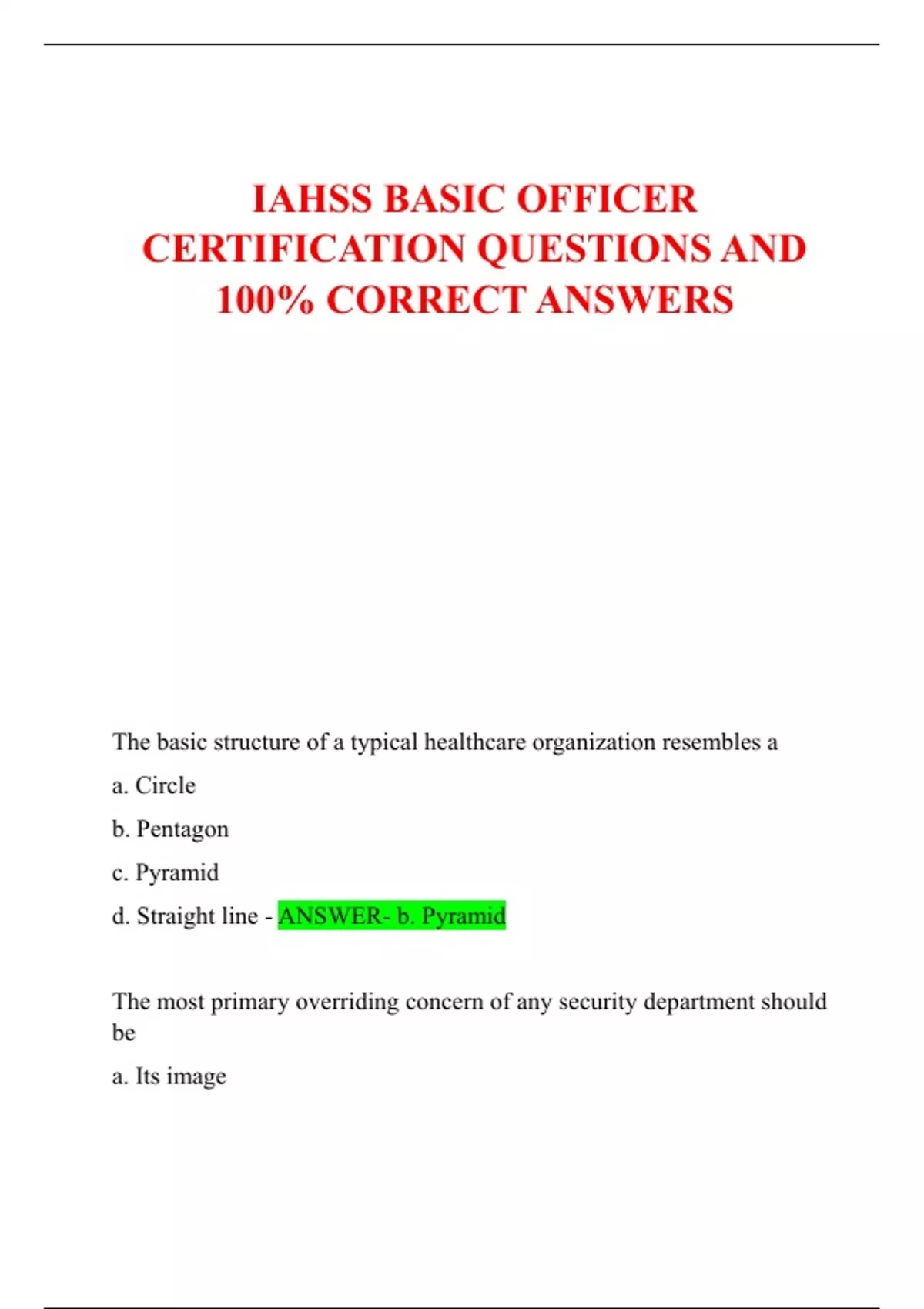 IAHSS BASIC OFFICER CERTIFICATION QUESTIONS AND 100% CORRECT ANSWERS