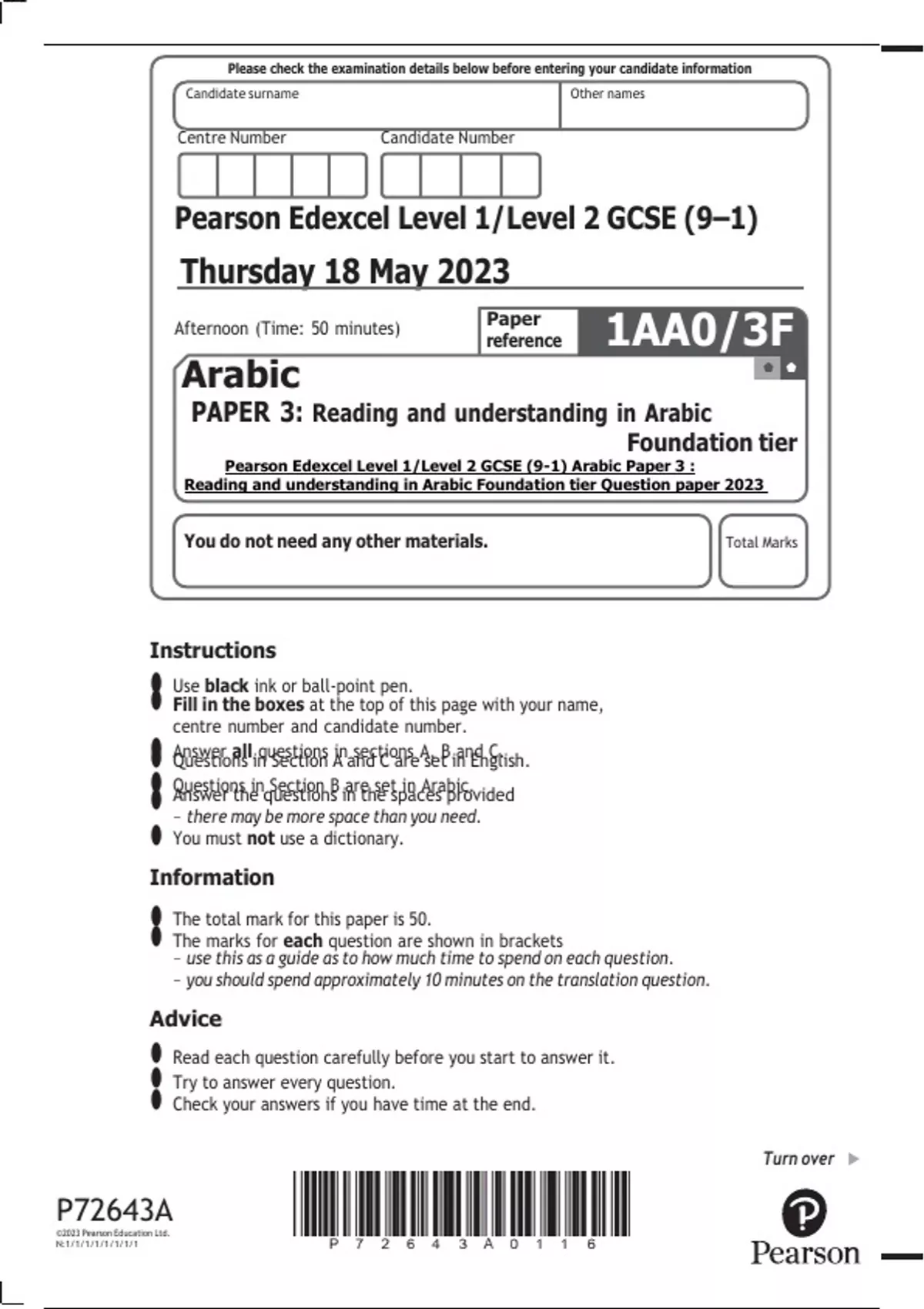 Pearson Edexcel Level 1/Level 2 GCSE (9-1) Arabic Paper 3 : Reading And ...