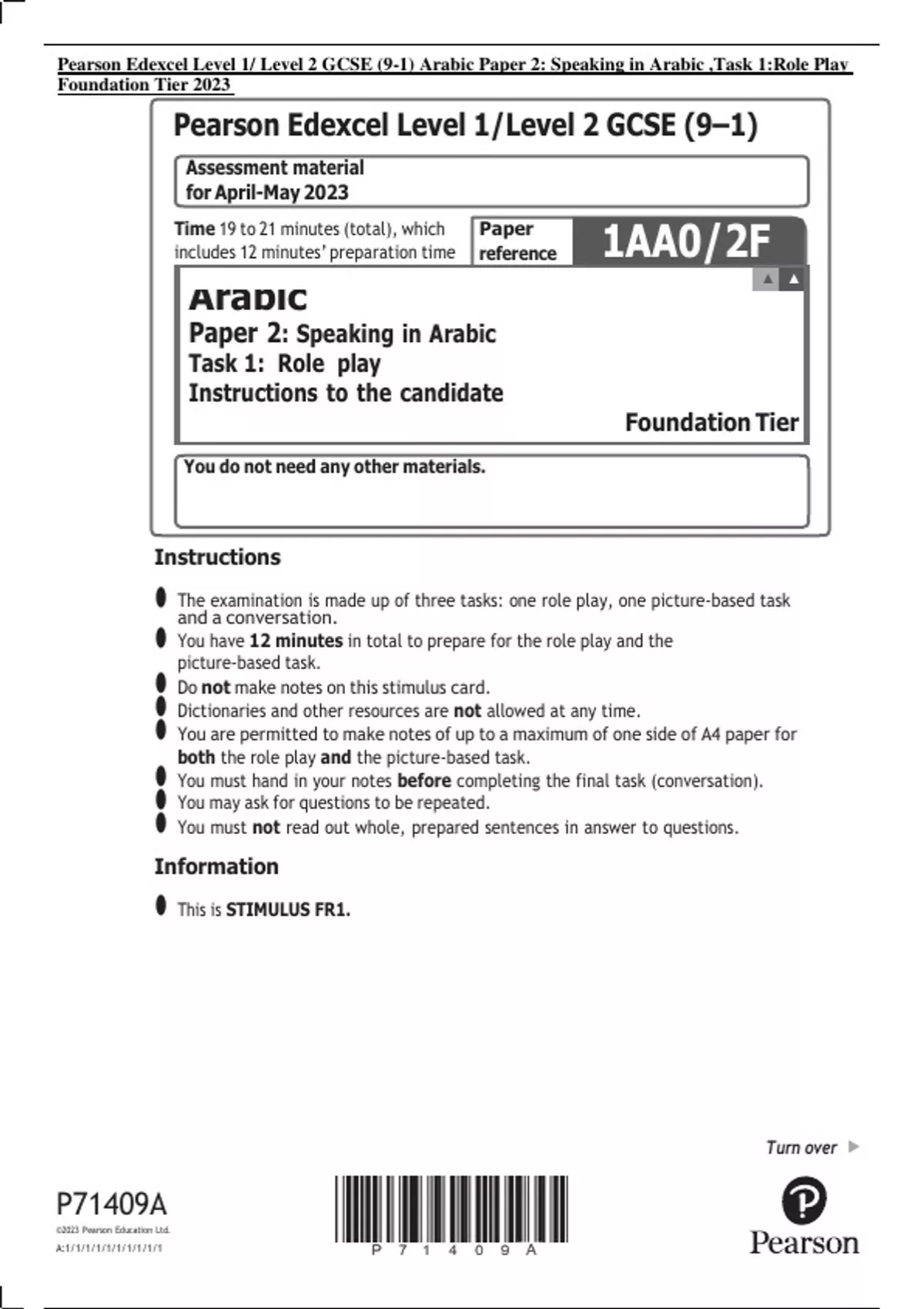 Pearson Edexcel Level 1/ Level 2 GCSE (9-1) Arabic Paper 2: Speaking In ...