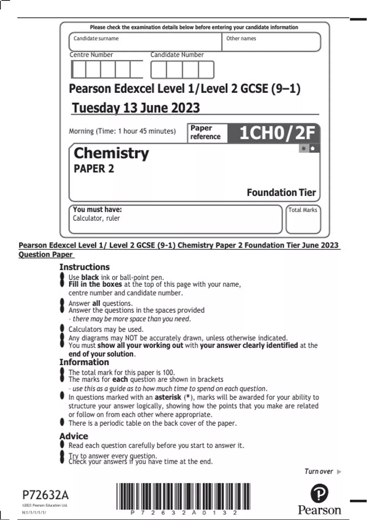 Pearson Edexcel Level 1/ Level 2 GCSE (91) Chemistry Paper 2