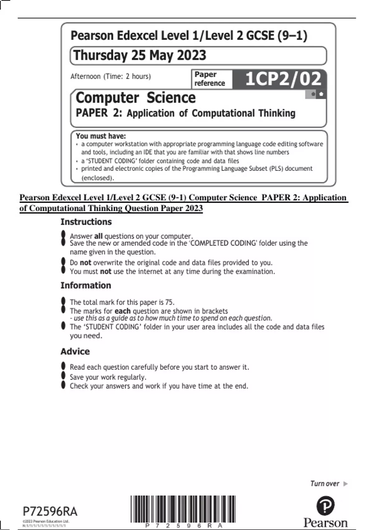 Pearson Edexcel Level 1/Level 2 GCSE (9–1) Computer Science PAPER 2 ...