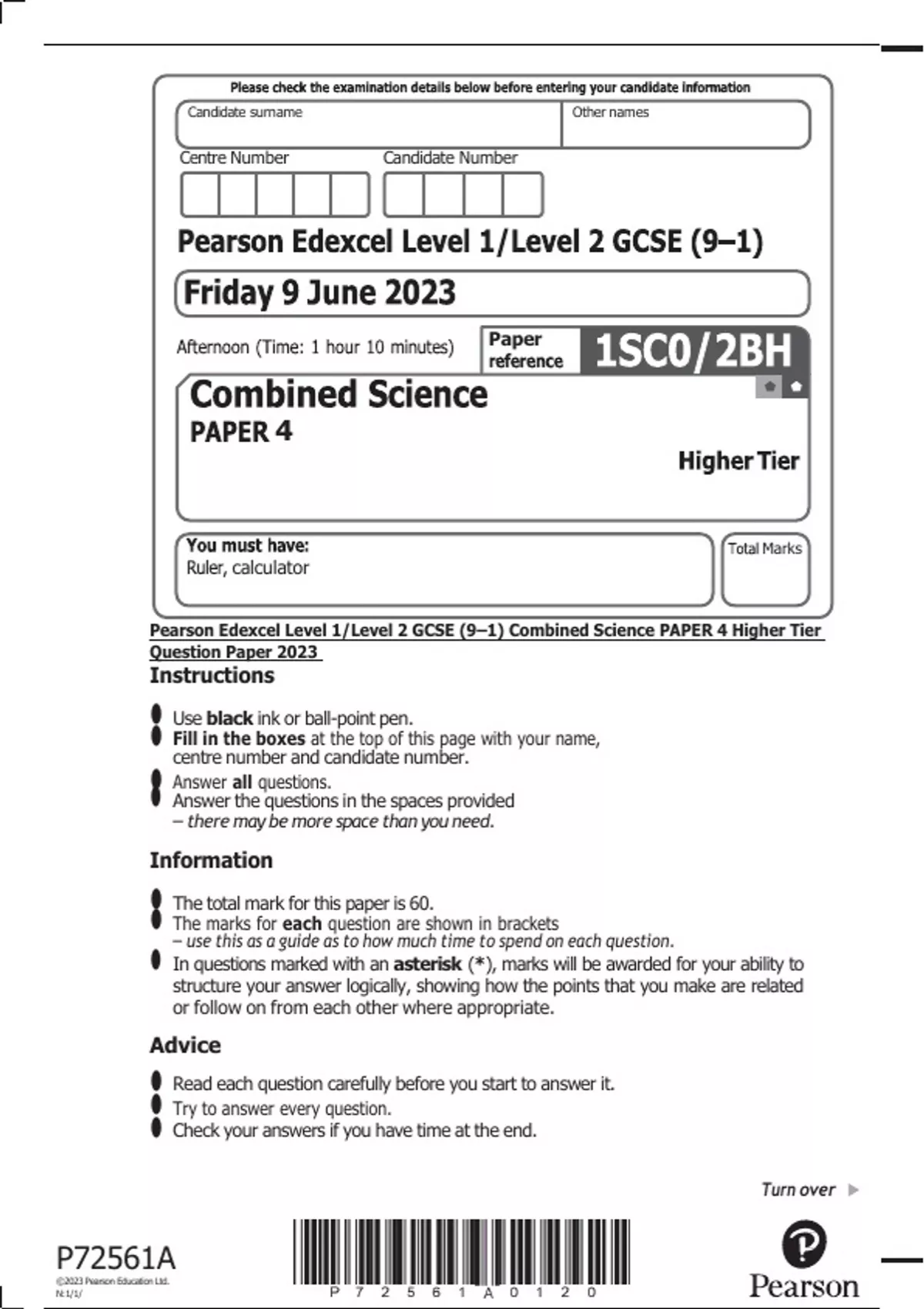 Pearson Edexcel Level 1level 2 Gcse 91 Combined Science Paper 4 Higher Tier Question Paper 5141