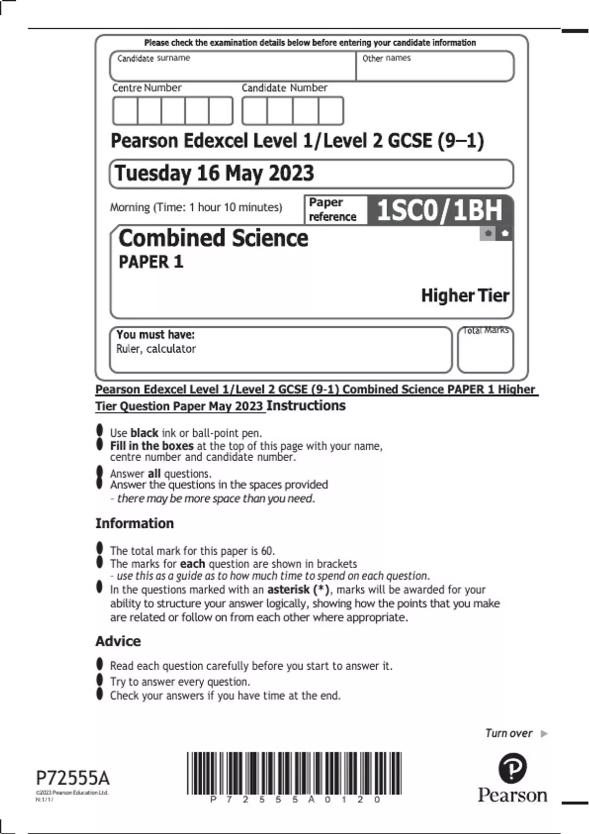 Pearson Edexcel Level 1/Level 2 GCSE (9–1) Combined Science PAPER 1 ...