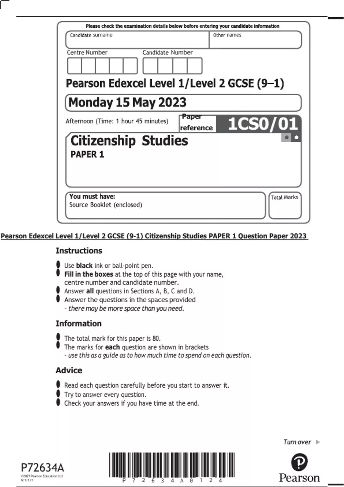 Pearson Edexcel Level 1/Level 2 GCSE (9–1) Citizenship Studies PAPER 1 ...