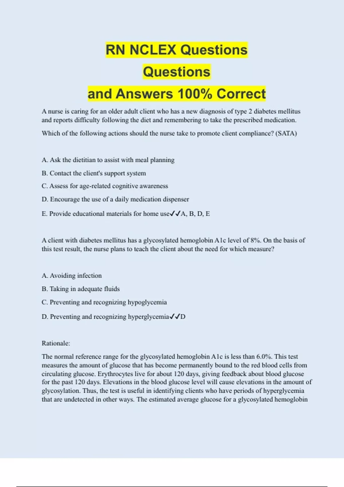 RN NCLEX Questions Questions and Answers 100 Correct RN NCLEX