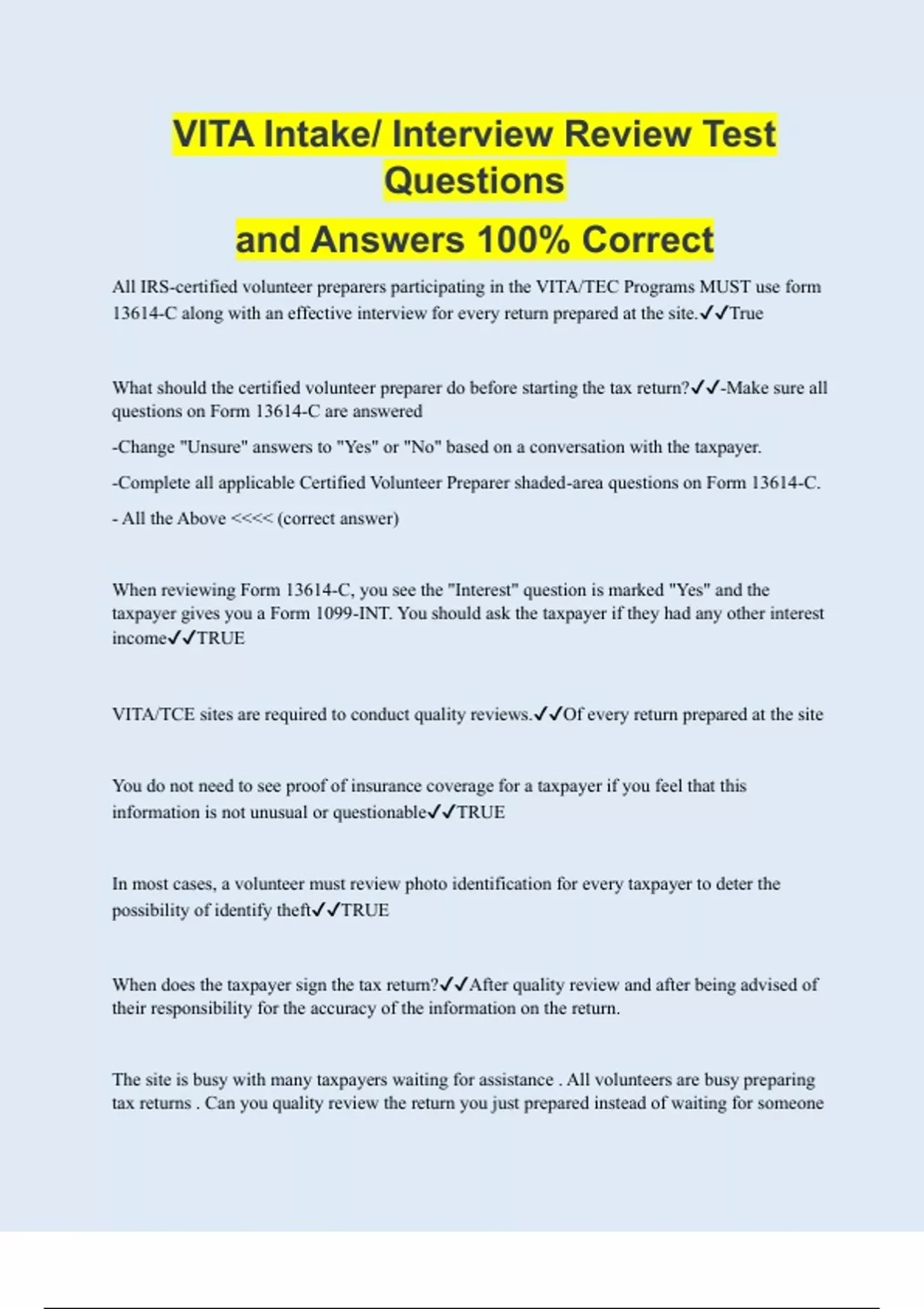 Vita Intake  Interview Review Test Questions And Answers 100% Correct 