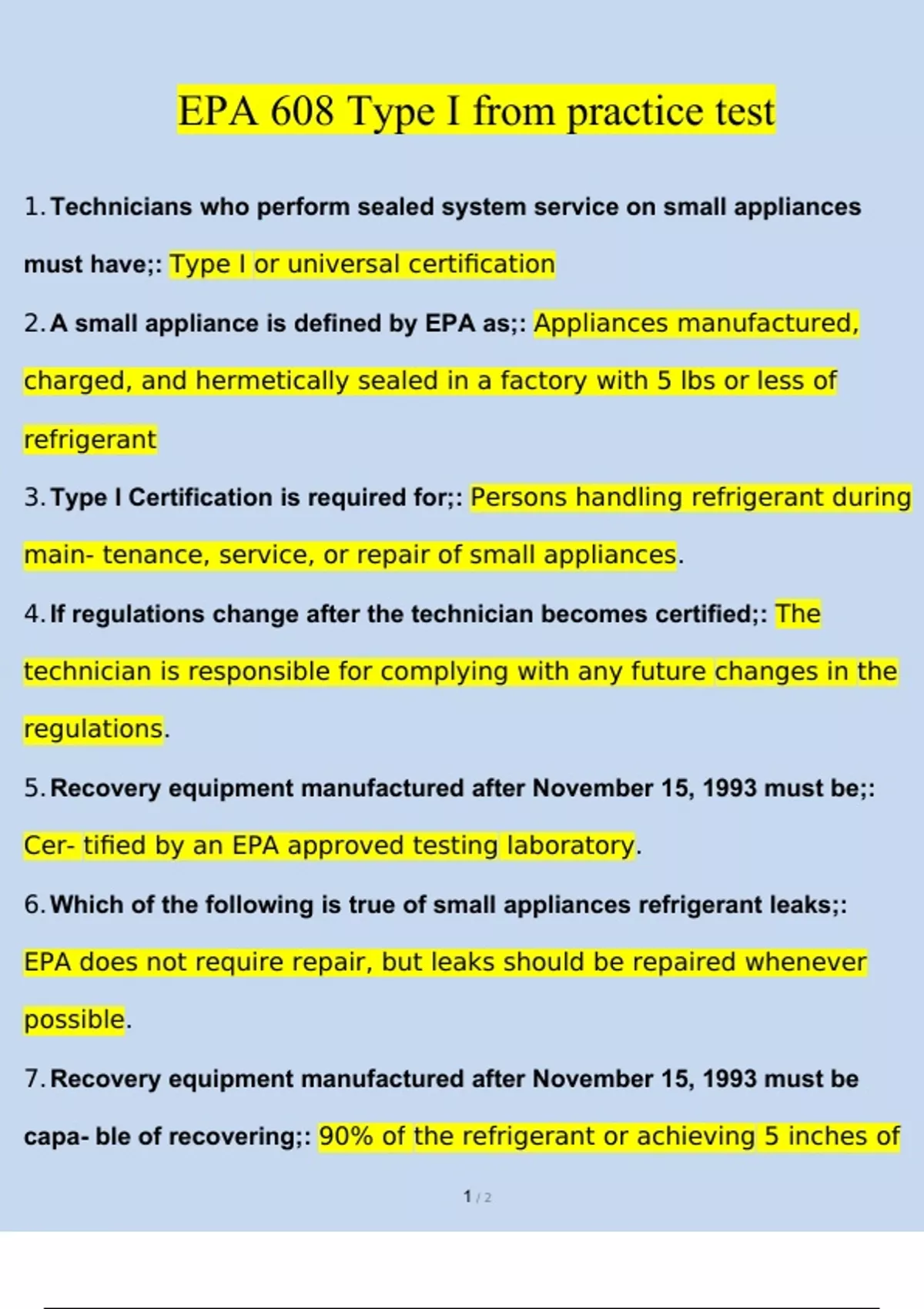 EPA 608 Type I from practice test Questions and Answers (2024/2025