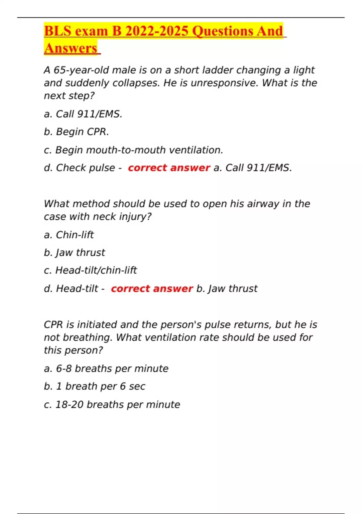 BLS exam B Questions And Answers BLS Stuvia US