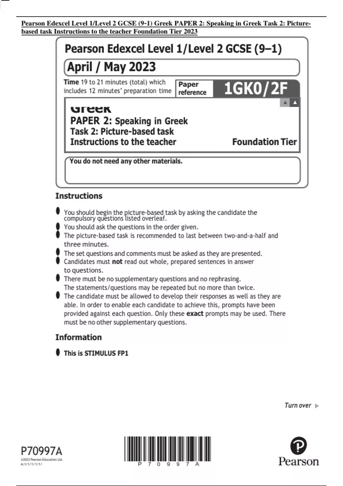 Pearson Edexcel Level 1/Level 2 GCSE (9–1) Greek PAPER 2: Speaking In ...